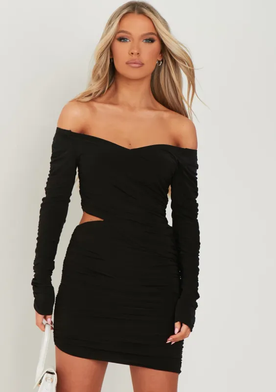 Viola Black Bardot Wrap Ruched Mini Dress sold by Missy Empire