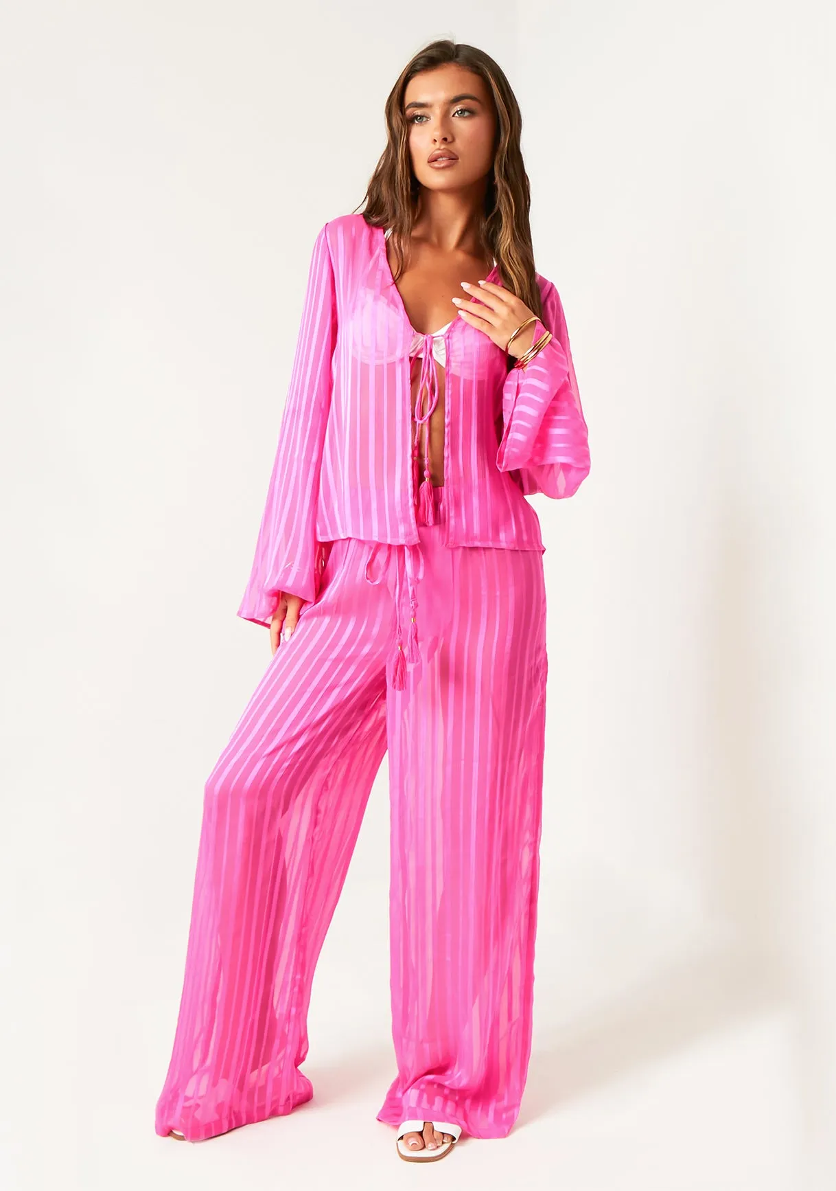 Jess Pink Sheer Stripe Beach Cover Up Shirt sold by Missy Empire product image thumbnail 2