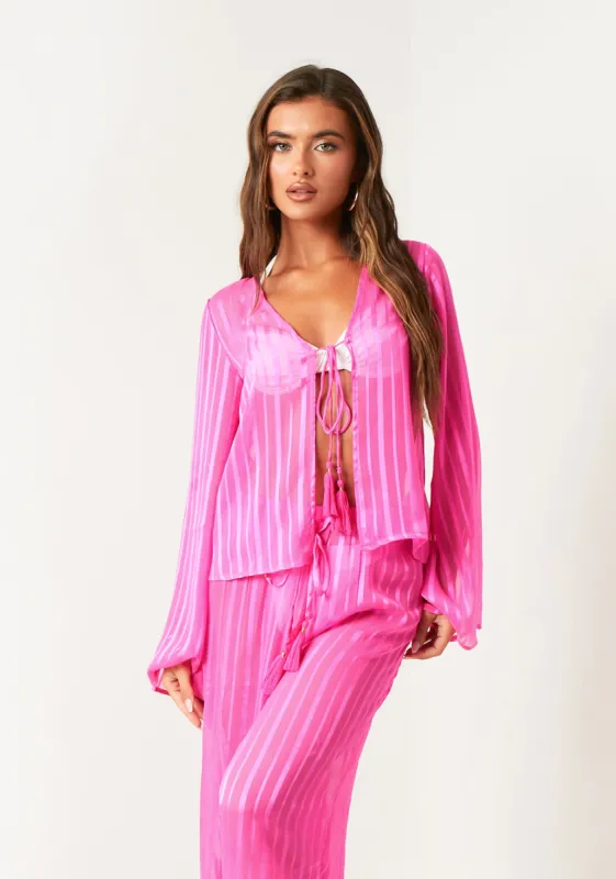 Jess Pink Sheer Stripe Beach Cover Up Shirt made by Missy Empire