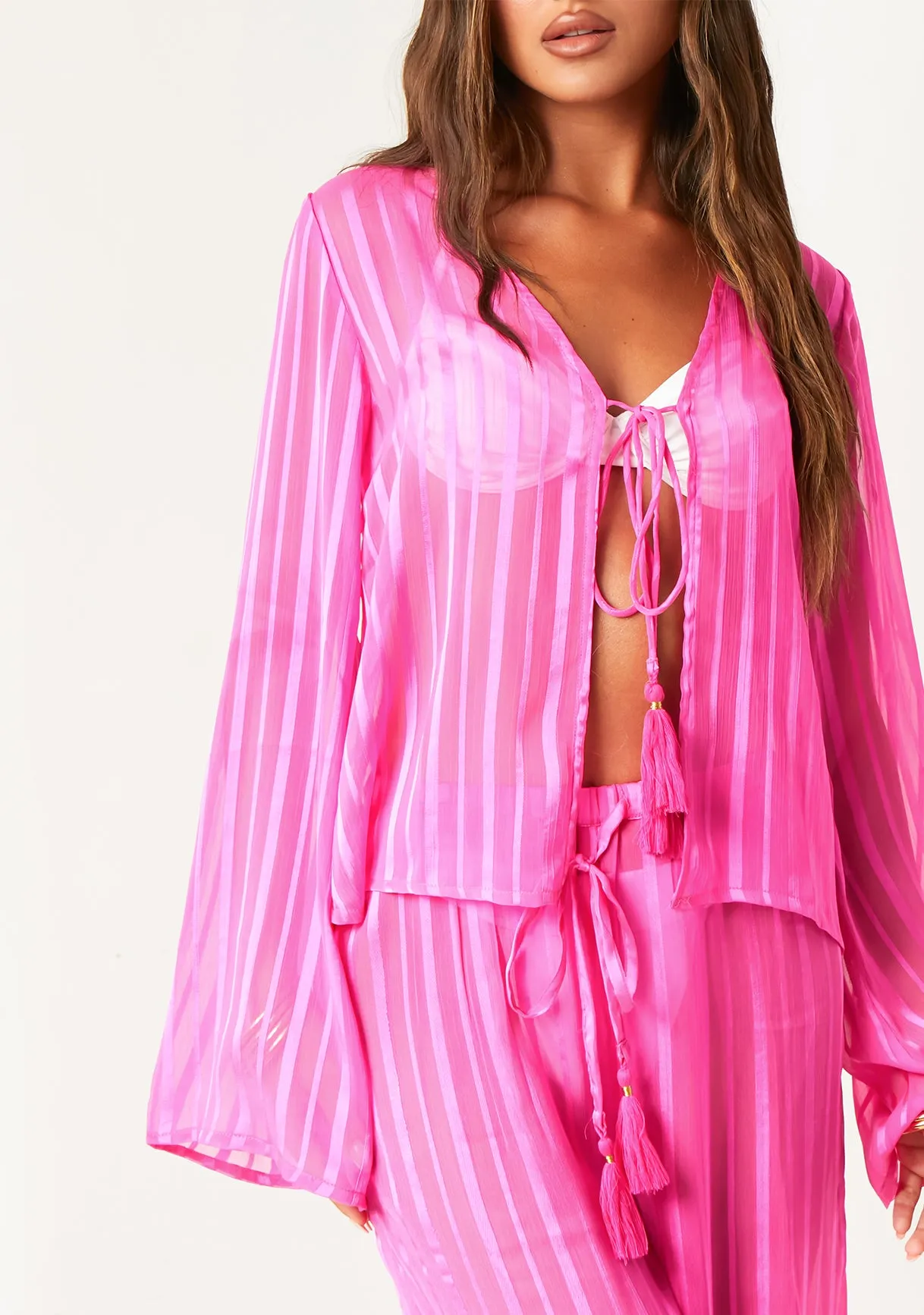 Jess Pink Sheer Stripe Beach Cover Up Shirt sold by Missy Empire product image thumbnail 4