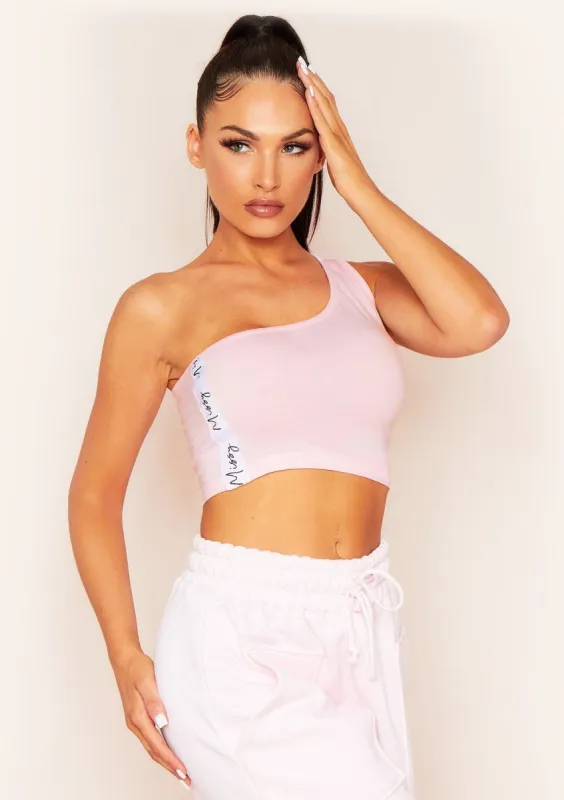 Sofia Baby Pink One Shoulder Missy Tape Side Crop Top sold by Missy Empire
