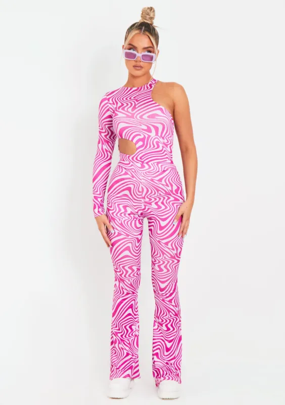 Moira Purple Swirl Print One Sleeve Slinky Cut Out Bodysuit made by Missy Empire