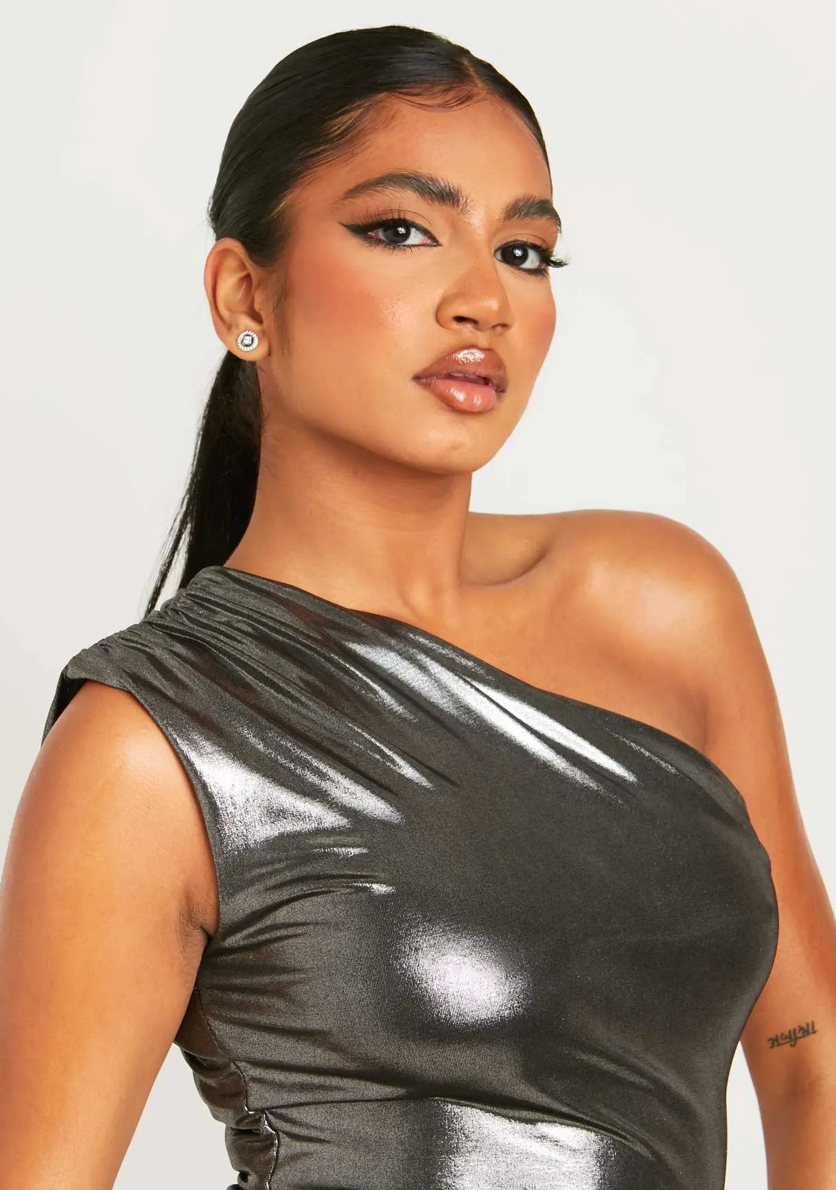 Cally Silver Metallic Ruched One Shoulder Mini Dress sold by Missy Empire product image thumbnail 2