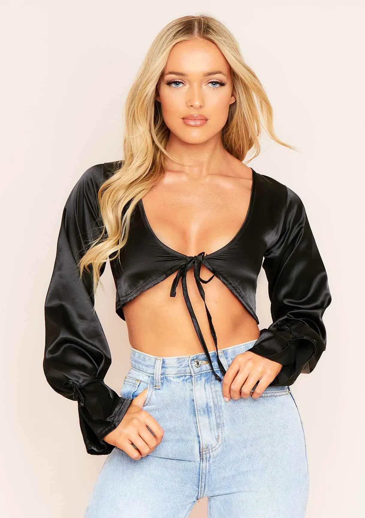 Adelina Black Satin Tie Detail Crop Top sold by Missy Empire
