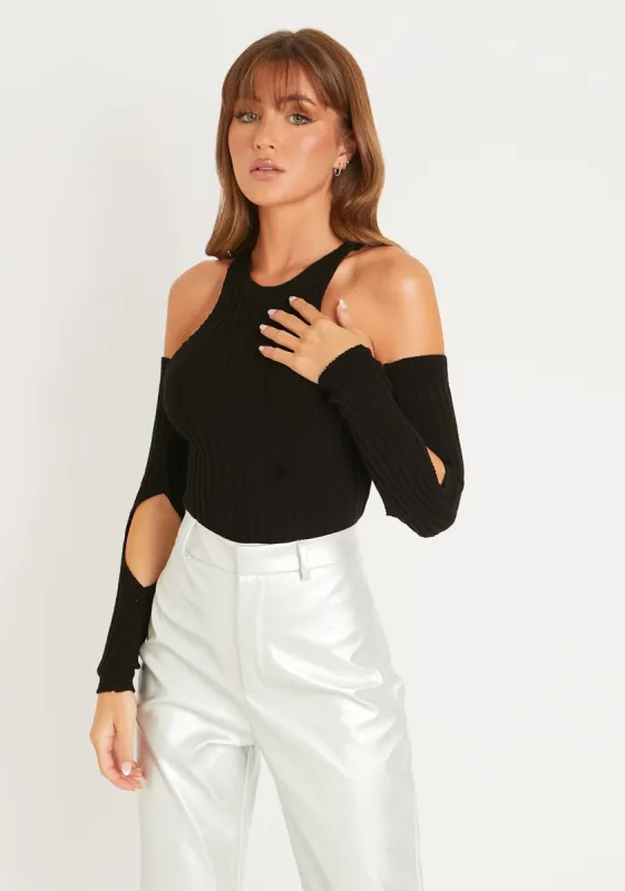 Skye Black Knitted Cold Shoulder Cut Out Bodysuit sold by Missy Empire