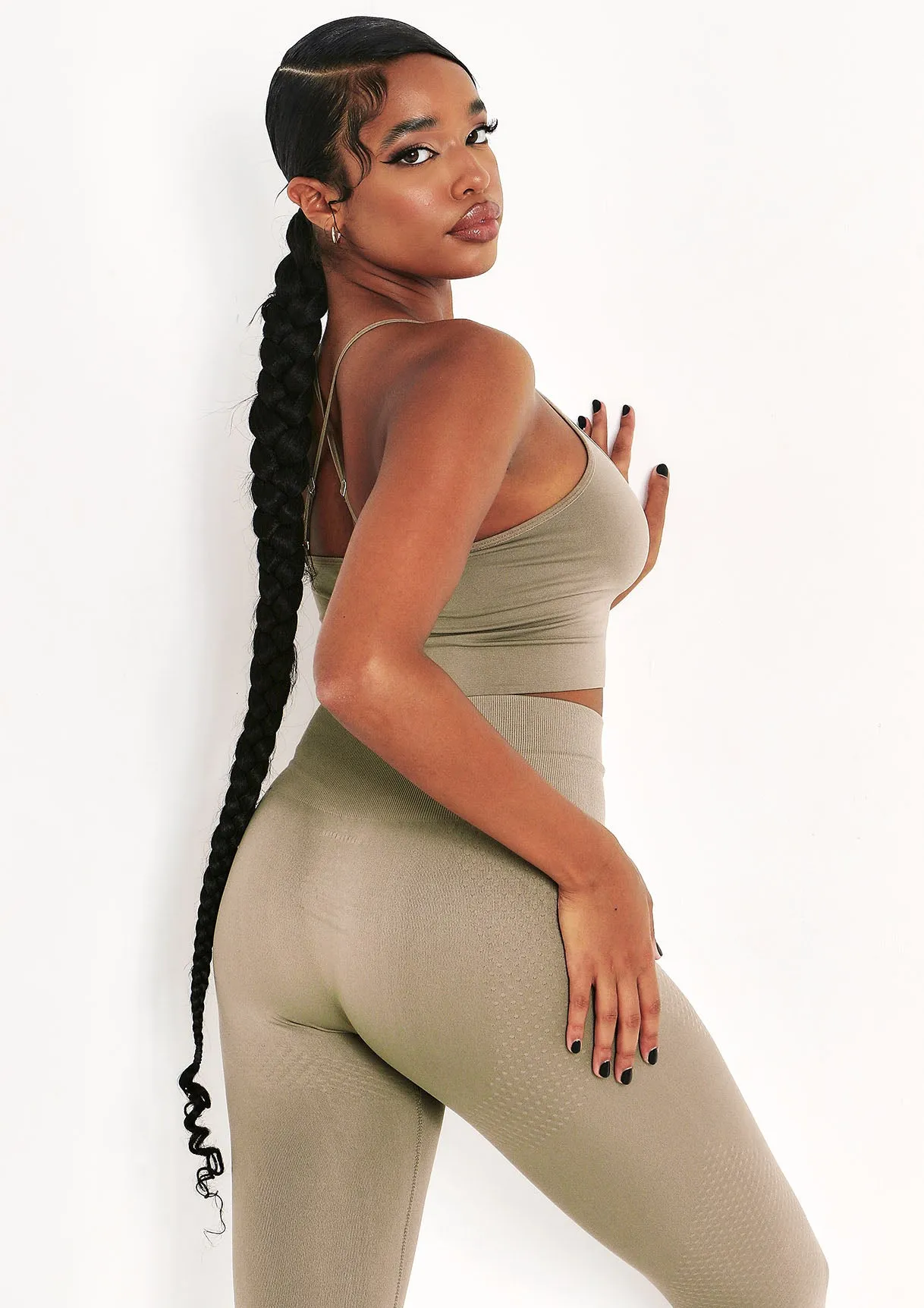 Pav Olive Missy Sport Cross Strap Seamless Gym Crop Top sold by Missy Empire product image thumbnail 3