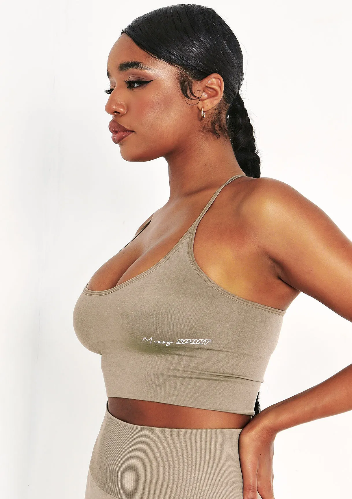 Pav Olive Missy Sport Cross Strap Seamless Gym Crop Top sold by Missy Empire product image thumbnail 2