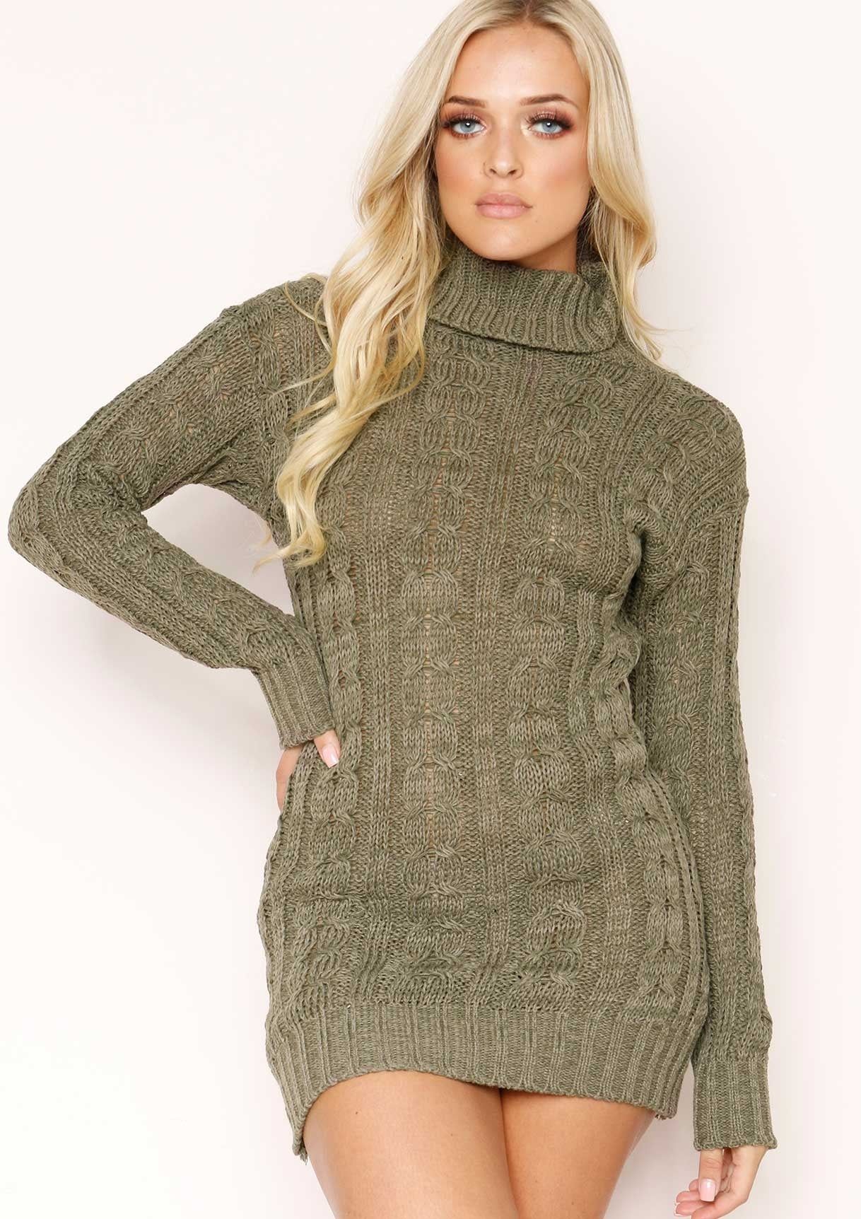 Jenny Khaki Chunky Knit High Neck Jumper Dress sold by Missy Empire product image thumbnail 2