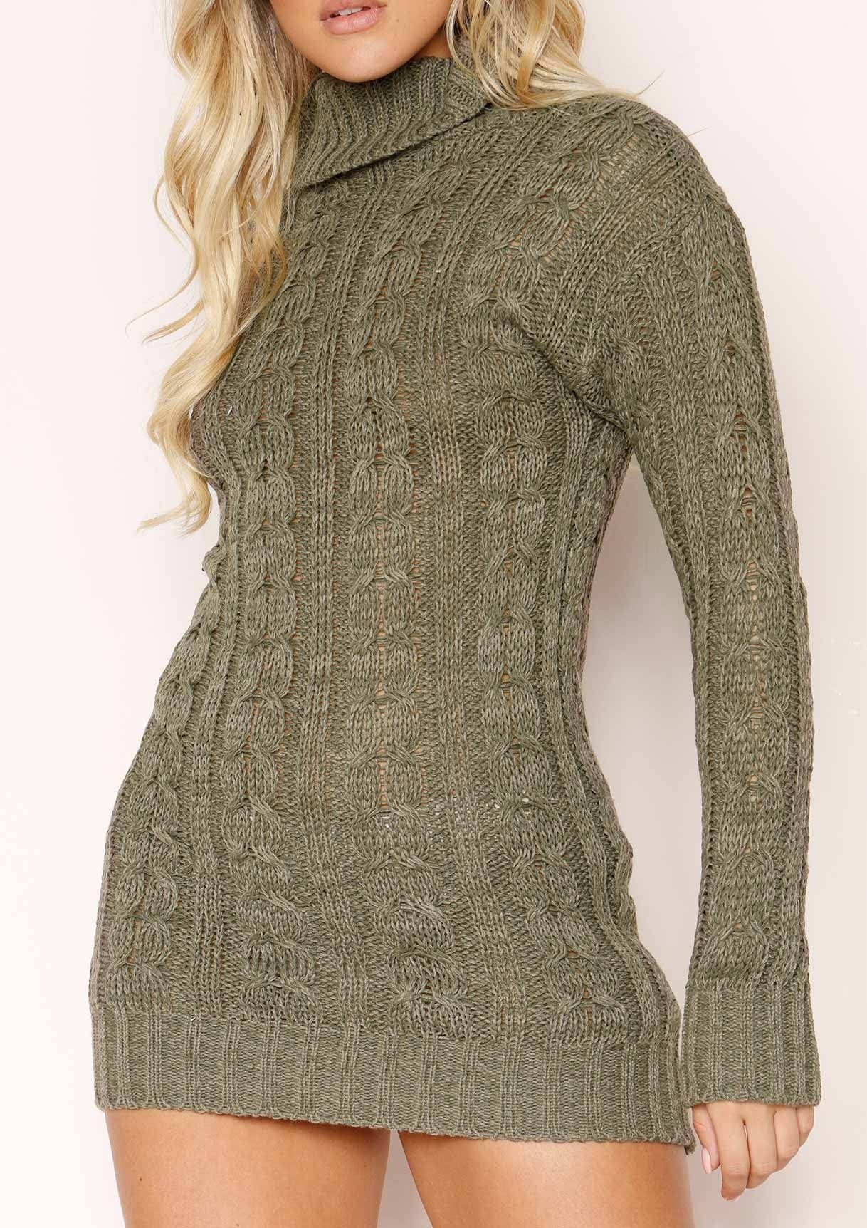 Jenny Khaki Chunky Knit High Neck Jumper Dress sold by Missy Empire product image thumbnail 3