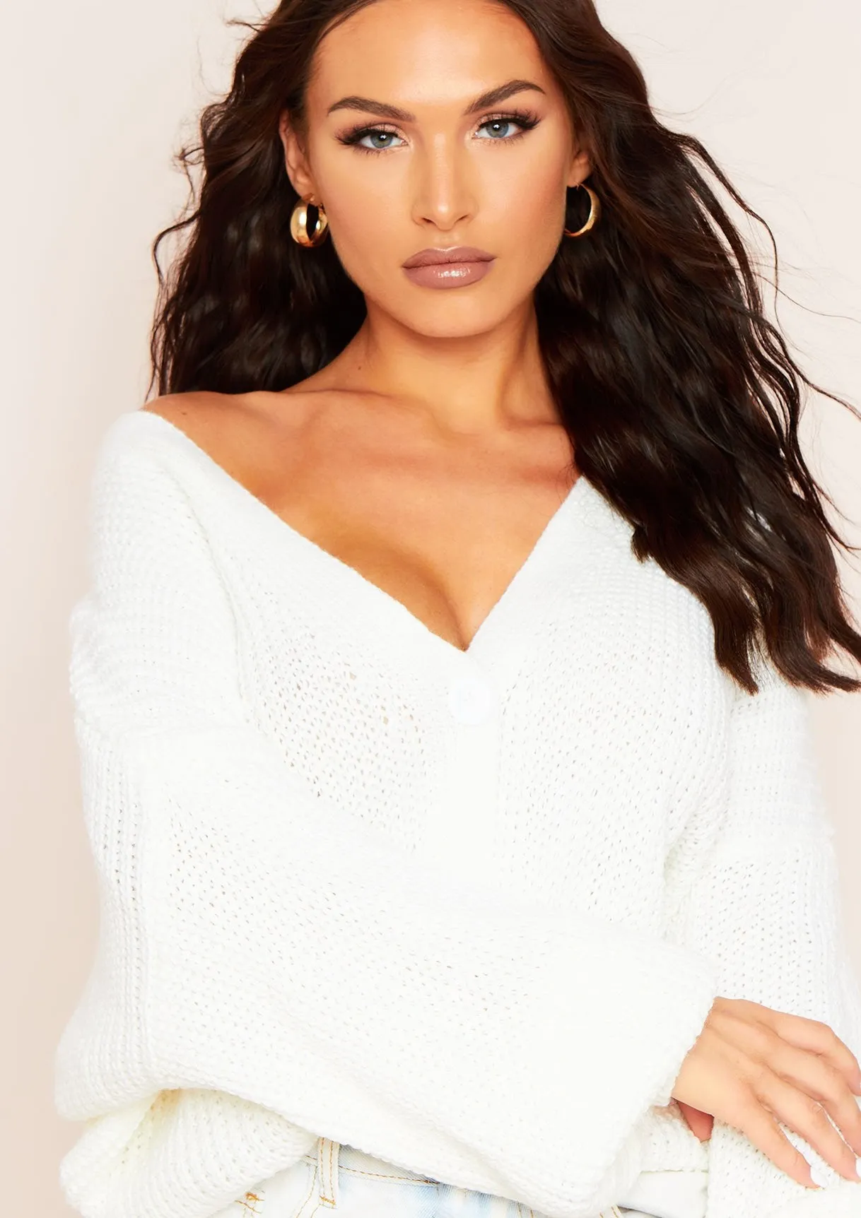 Clarice Cream Thick Knit Oversized Button Cardigan sold by Missy Empire