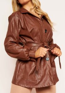 Cila Brown PU Belted Jacket sold by Missy Empire