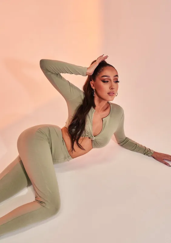 Esme Green Plunge Knot Crop Top sold by Missy Empire