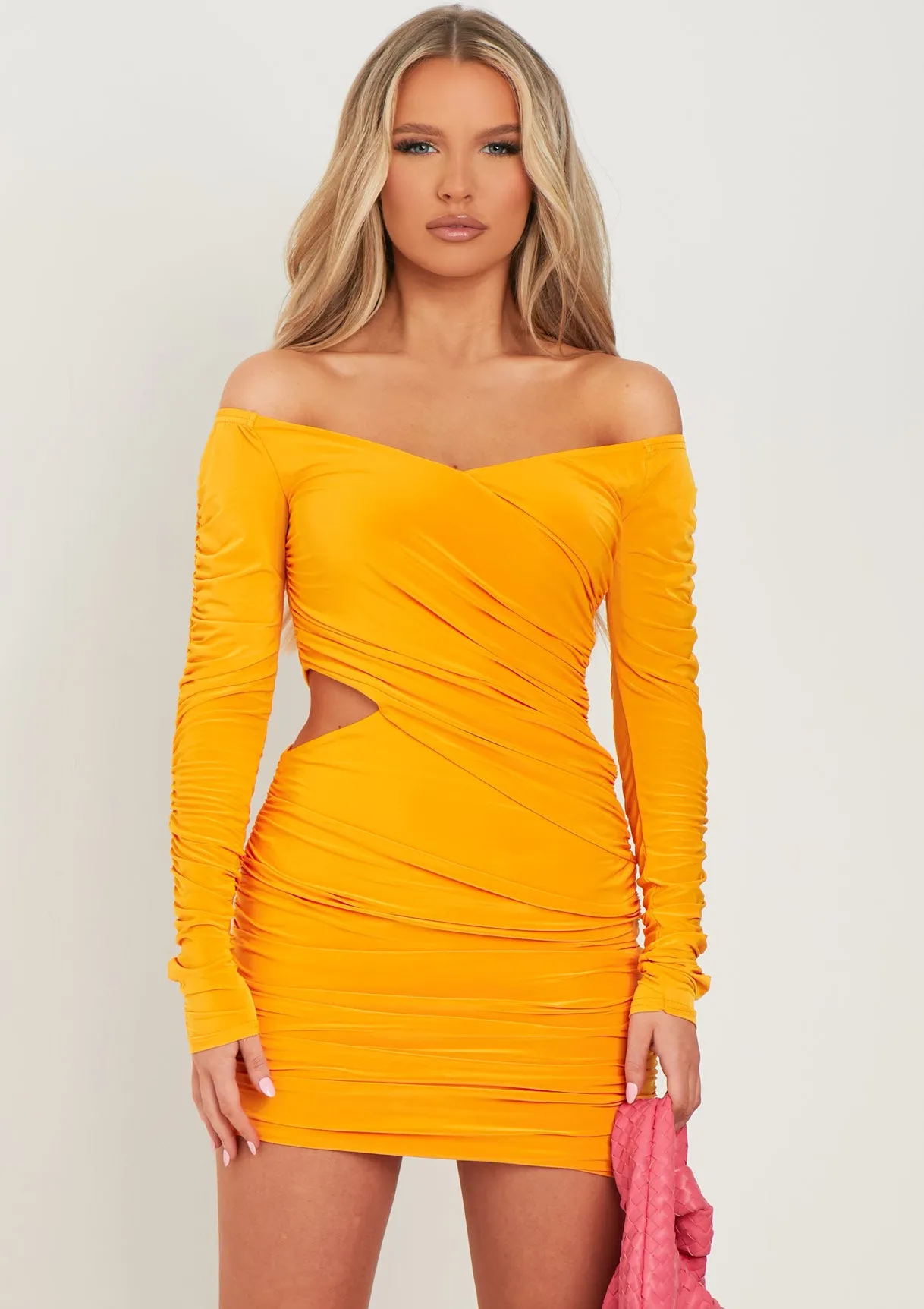 Viola Orange Bardot Wrap Ruched Mini Dress sold by Missy Empire product image thumbnail 5