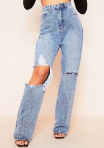 Diana Mid Wash Knee Slit Wide Leg Denim Jeans sold by Missy Empire