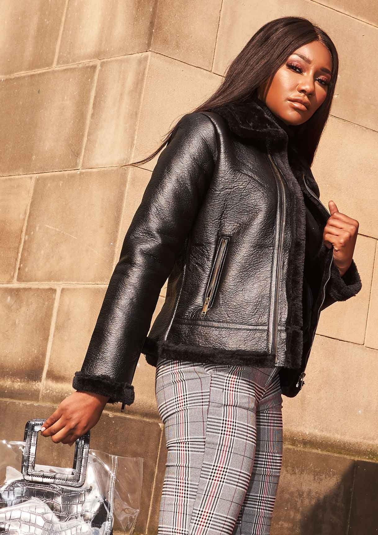 Black Faux Fur Aviator Jacket sold by Missy Empire