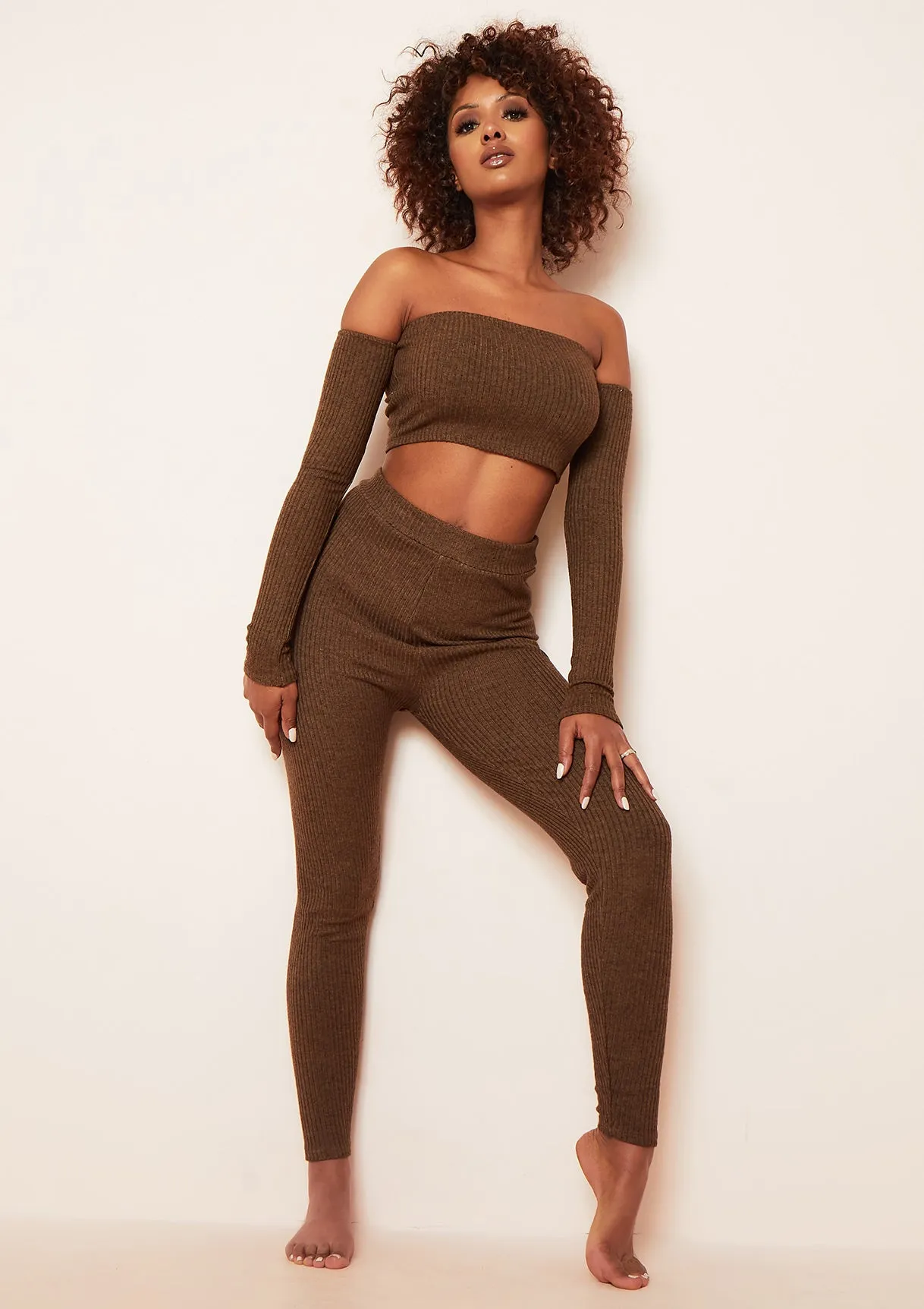 Claire Chocolate Soft Rib Bardot Long Sleeve Crop Top sold by Missy Empire product image thumbnail 3