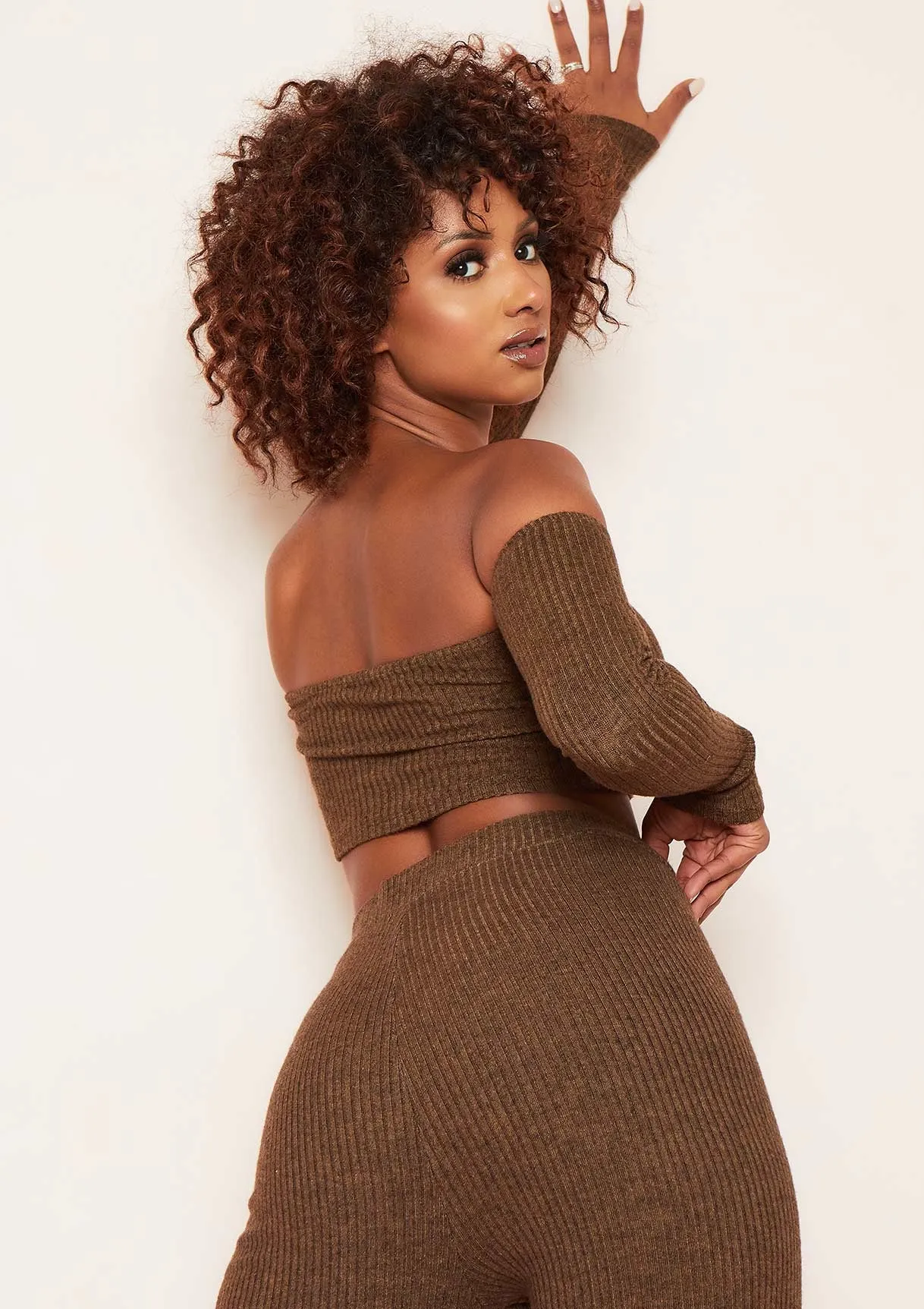 Claire Chocolate Soft Rib Bardot Long Sleeve Crop Top sold by Missy Empire product image thumbnail 4
