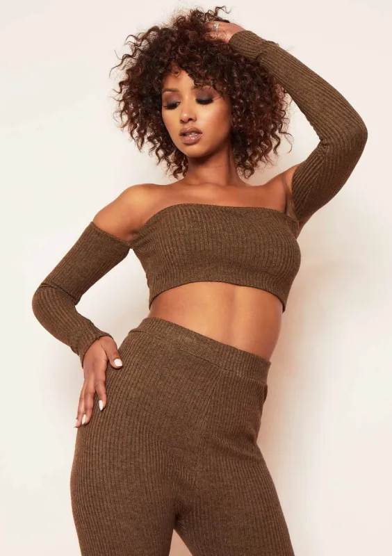 Claire Chocolate Soft Rib Bardot Long Sleeve Crop Top sold by Missy Empire