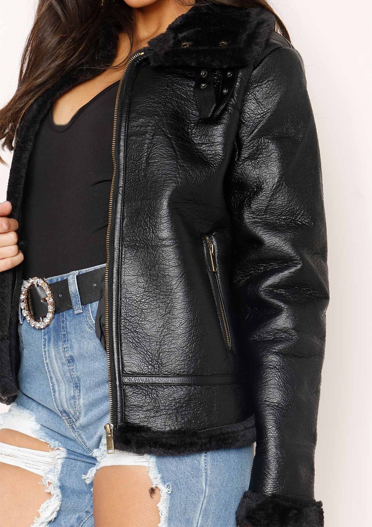 Black Faux Fur Aviator Jacket sold by Missy Empire product image thumbnail 3