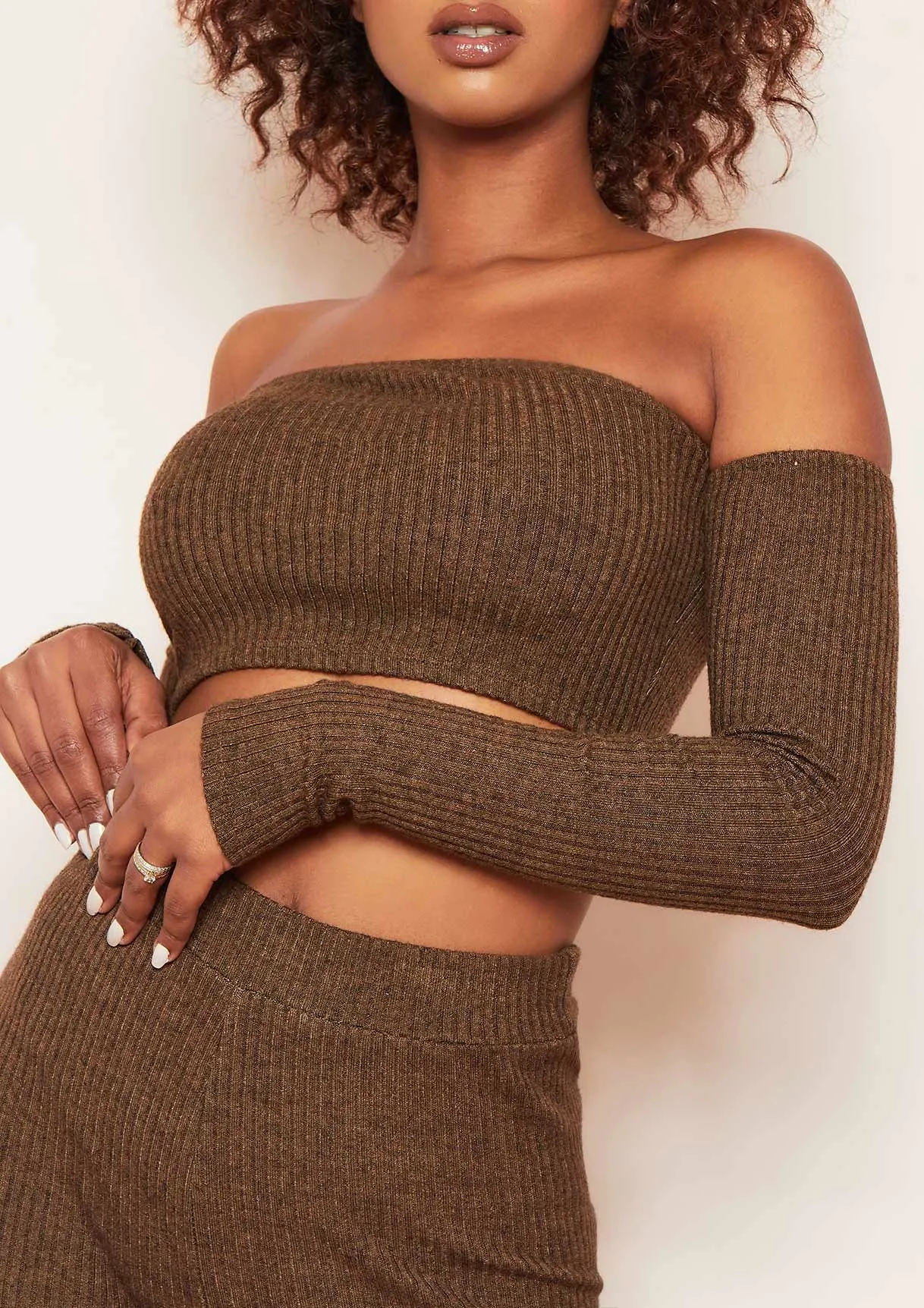 Claire Chocolate Soft Rib Bardot Long Sleeve Crop Top sold by Missy Empire product image thumbnail 2