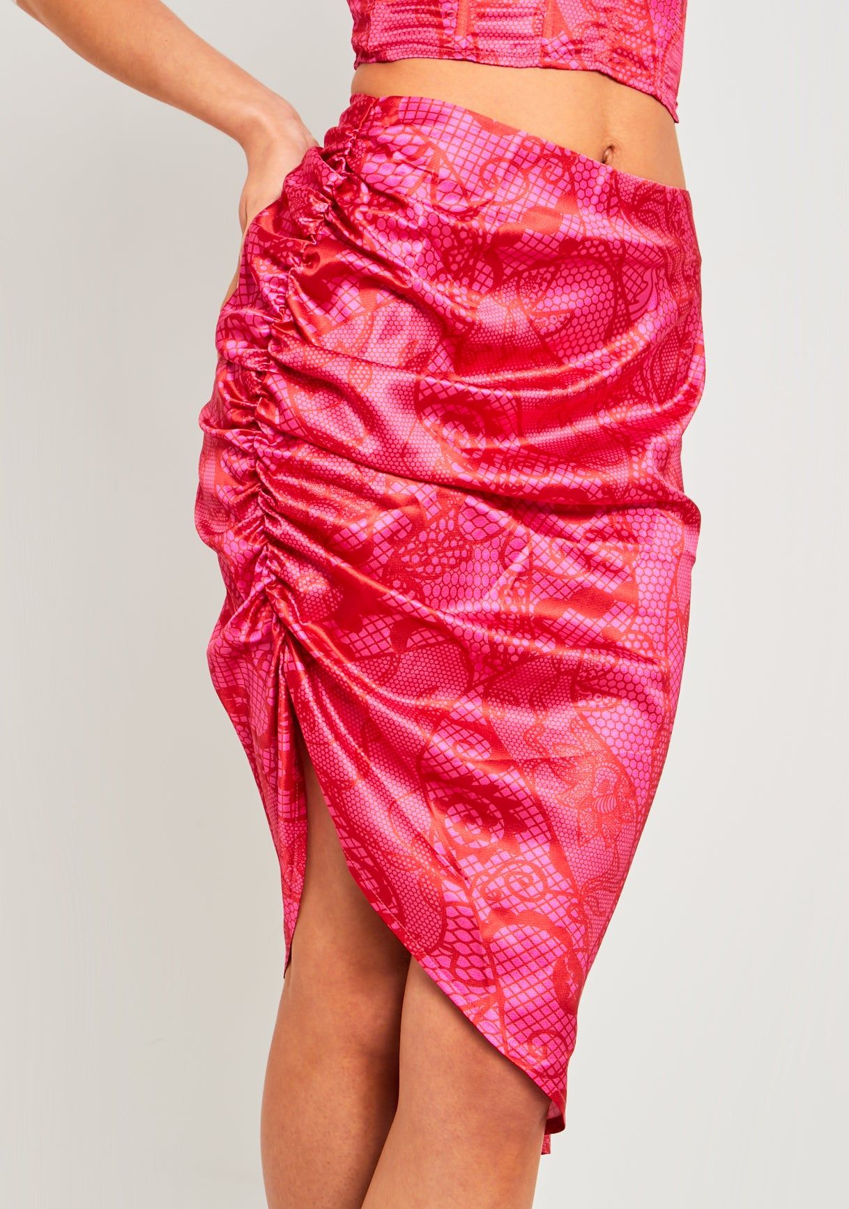 Kassandra Pink Printed Lace Effect Satin Ruched Midi Skirt sold by Missy Empire product image thumbnail 2