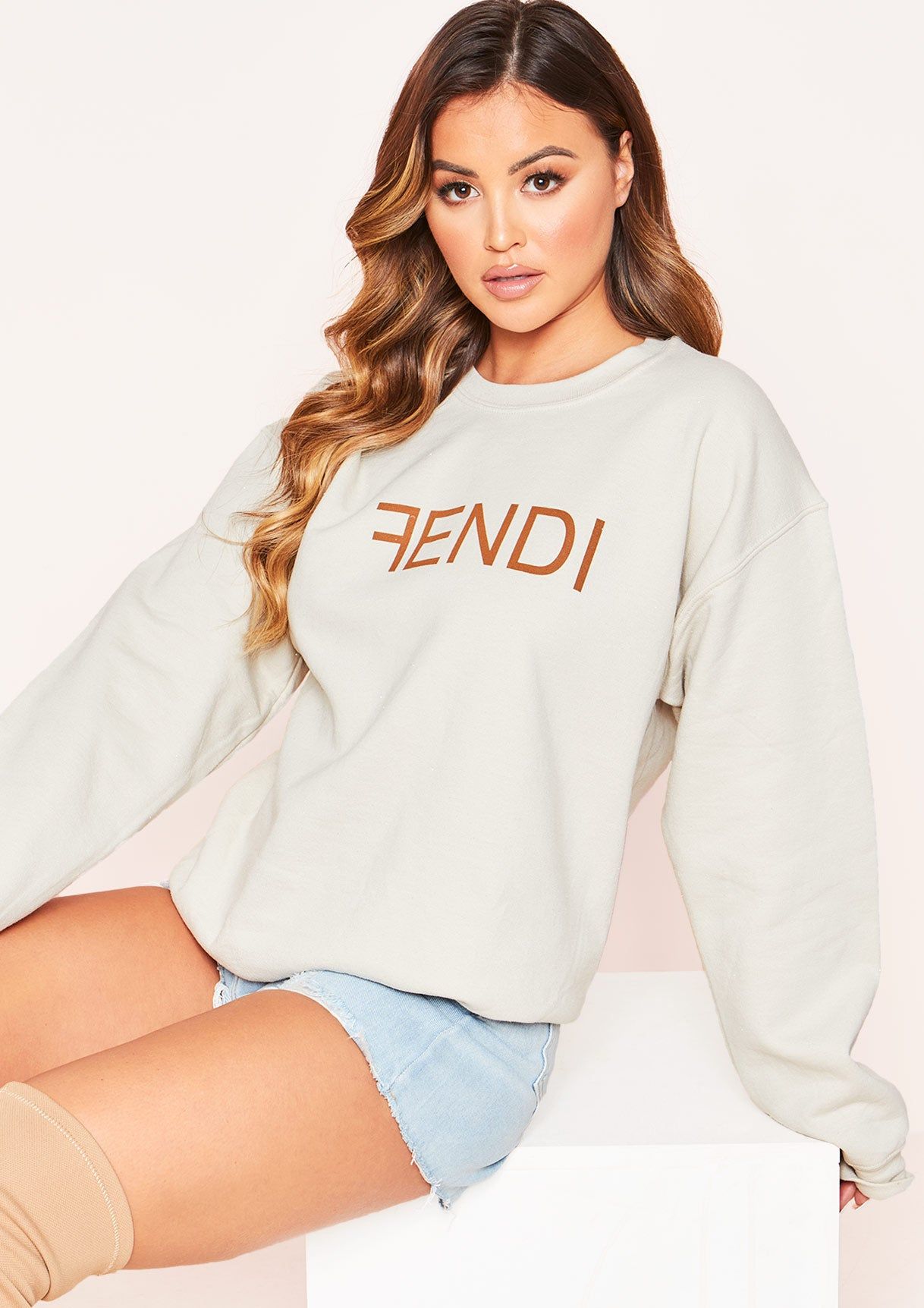 Aria Beige F Slogan Oversized Sweatshirt sold by Missy Empire