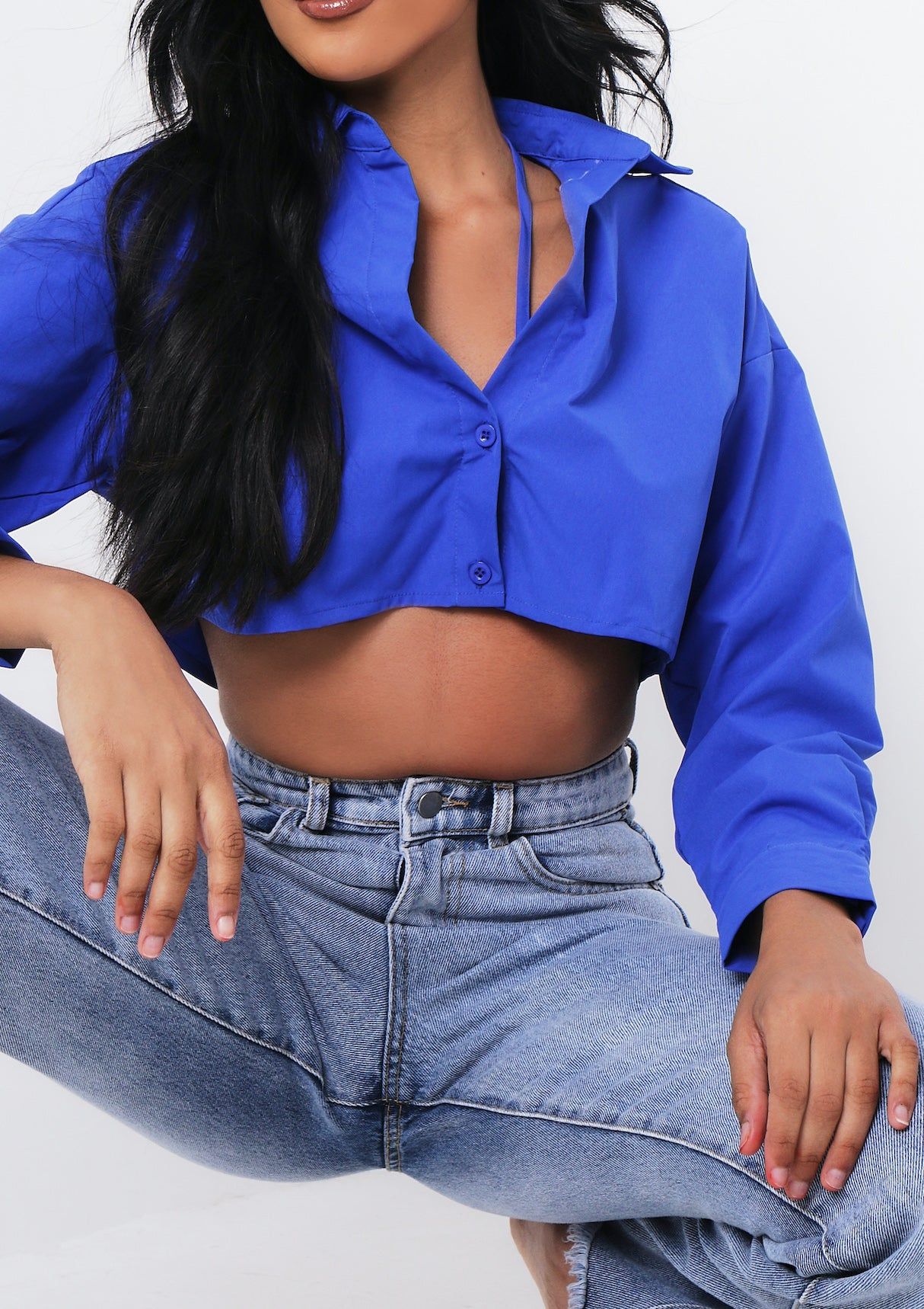 Natalia Blue Tie Neck Cropped Shirt sold by Missy Empire product image thumbnail 4