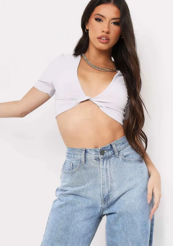 Maya Grey Slinky Twist Front Crop Top sold by Missy Empire