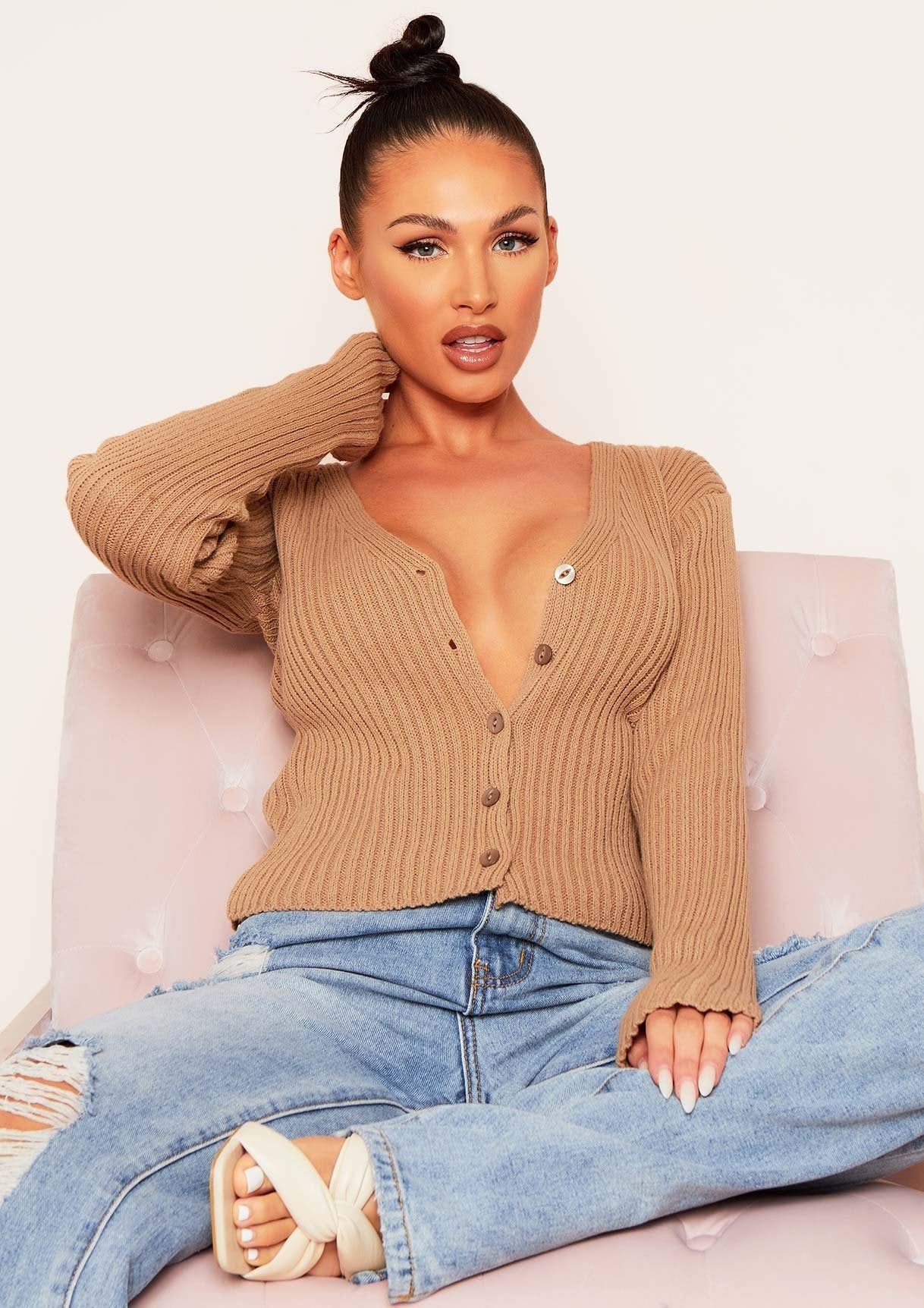 Shana Mocha Ribbed Knit Short Button Cardigan sold by Missy Empire