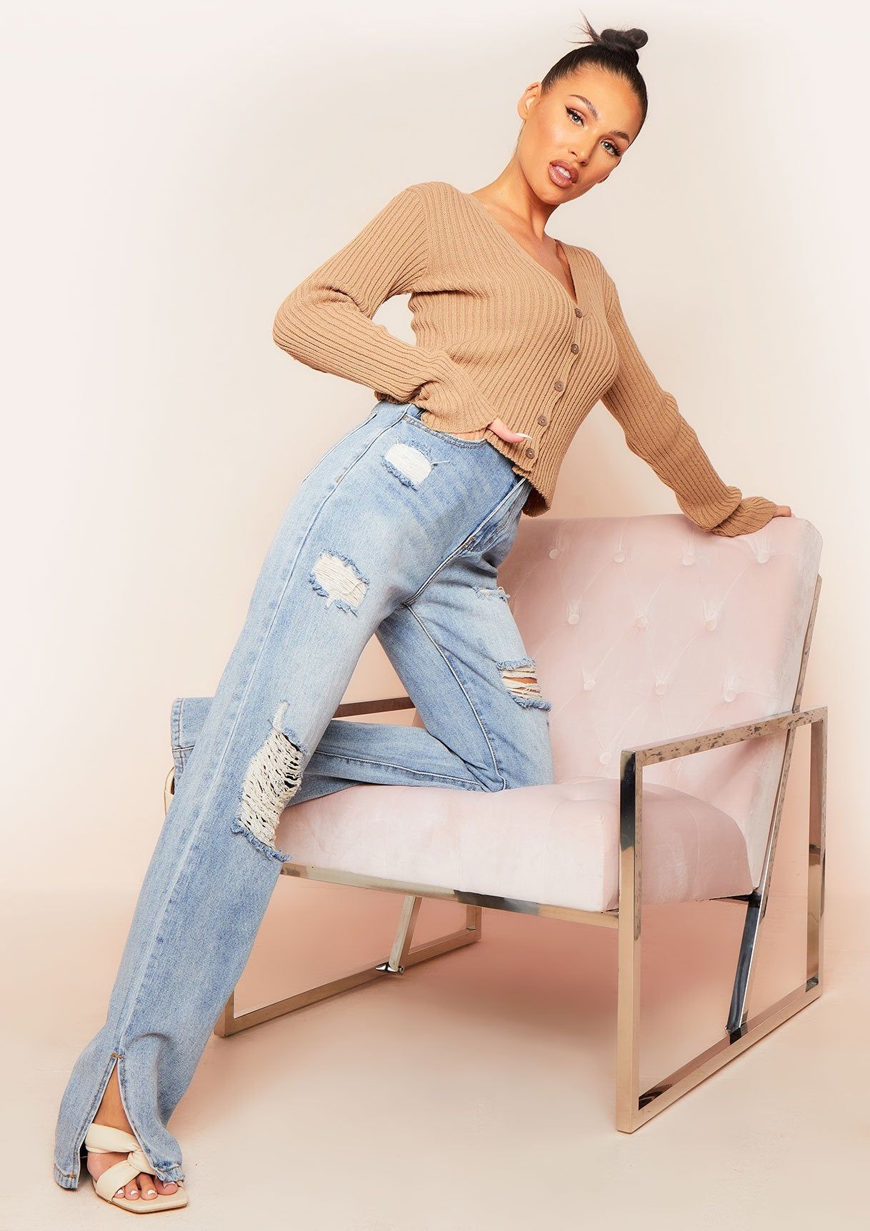 Shana Mocha Ribbed Knit Short Button Cardigan sold by Missy Empire product image thumbnail 2