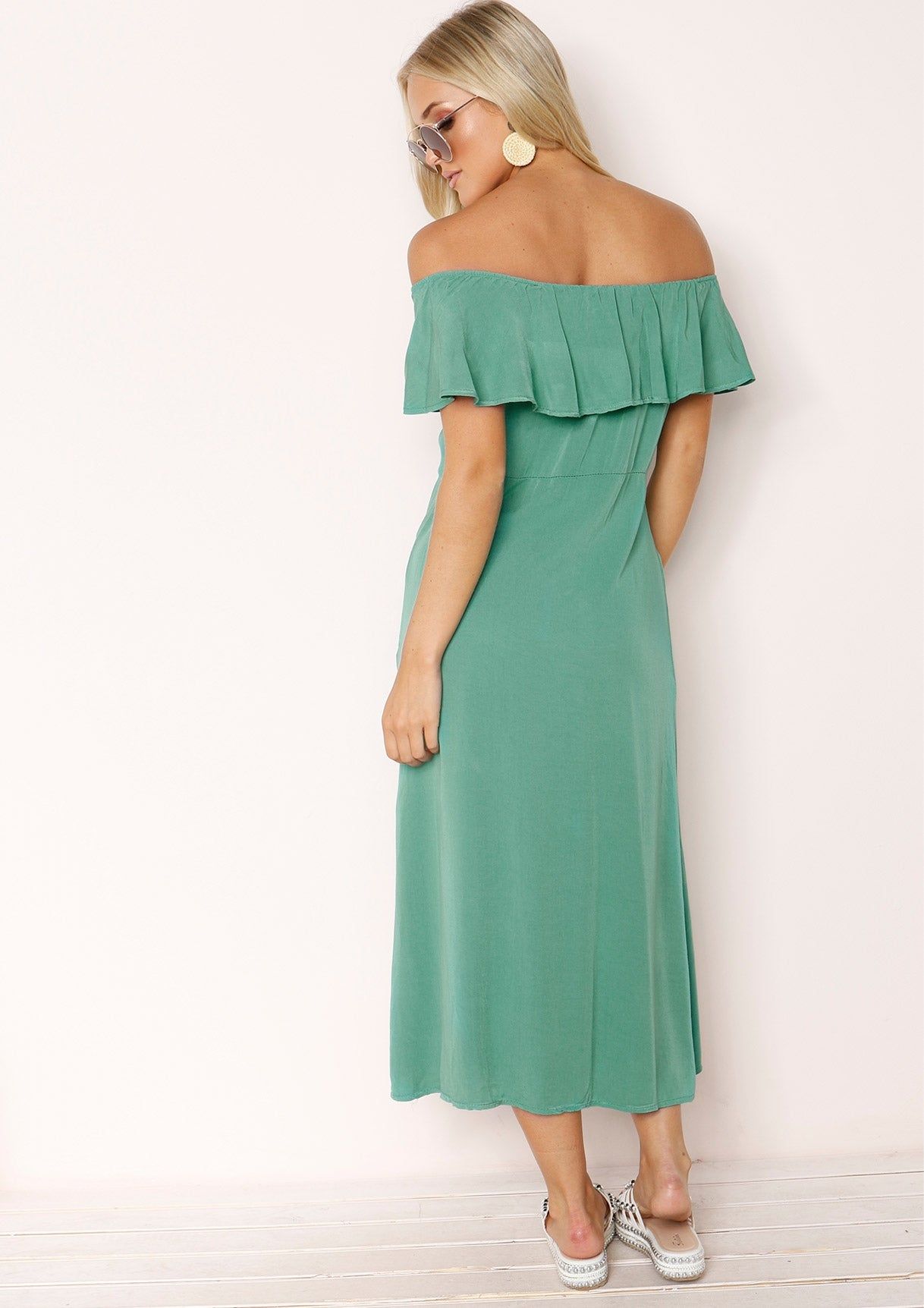 Ophelia Green Bardot Frill Button Midi Dress sold by Missy Empire product image thumbnail 3