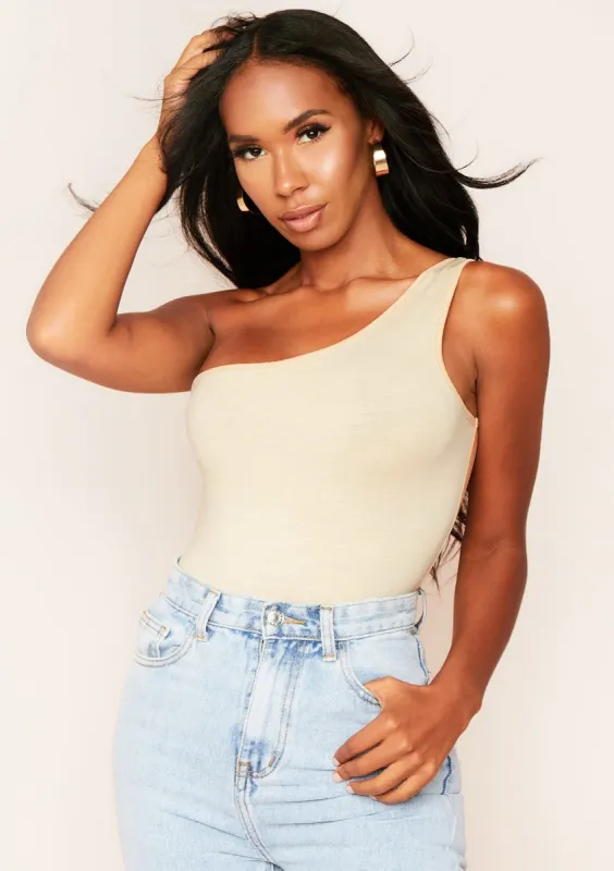 Nina Beige One Shoulder Bodysuit sold by Missy Empire