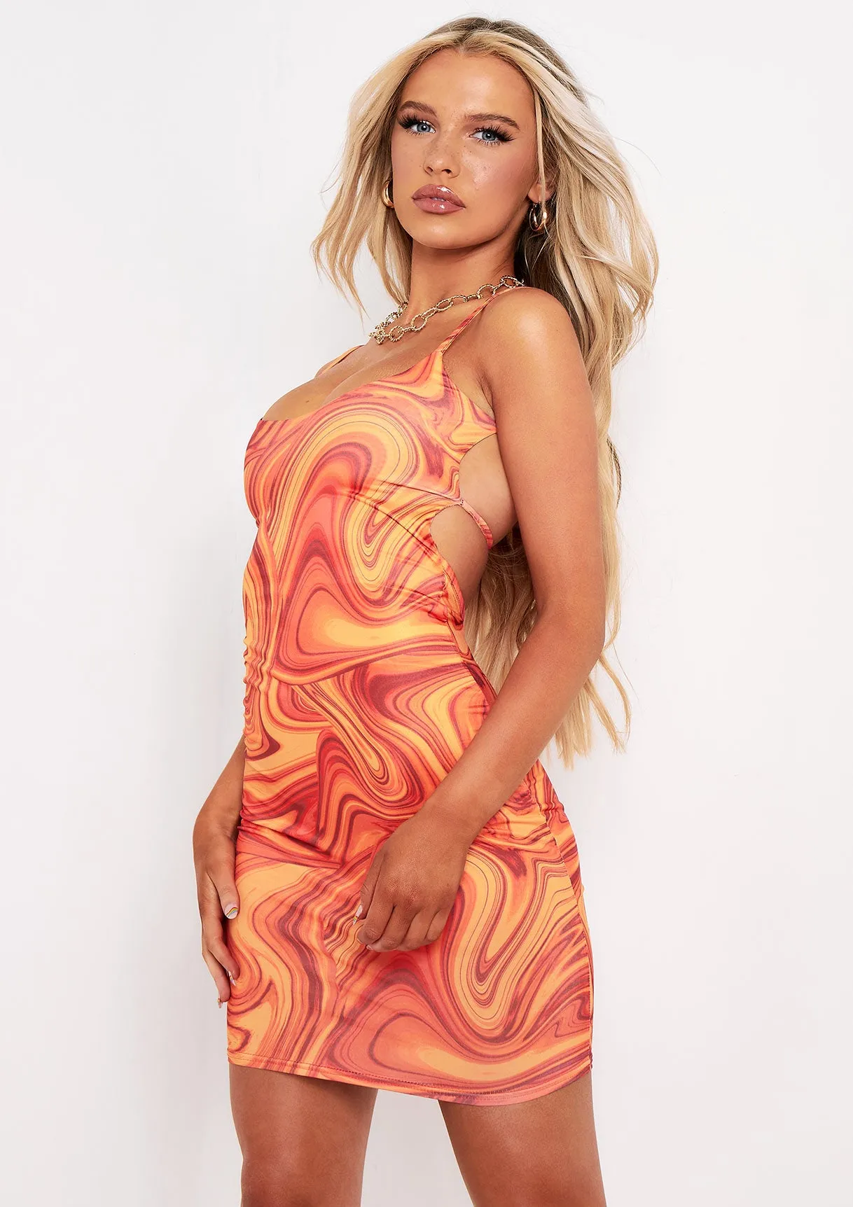 Kaylin Orange Swirl Print Slinky Strappy Back Detail Mini Dress sold by Missy Empire