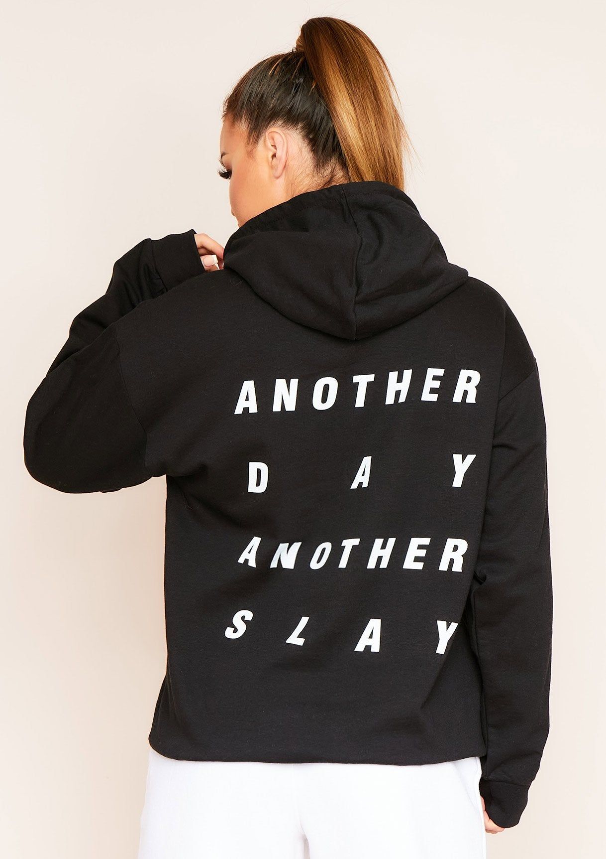 Mindy Black Another Day Another Slay Slogan Oversized Hoodie sold by Missy Empire