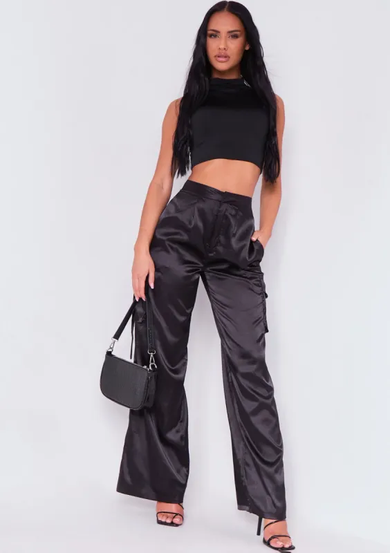 Alicia Black Satin Cargo Trouser made by Missy Empire