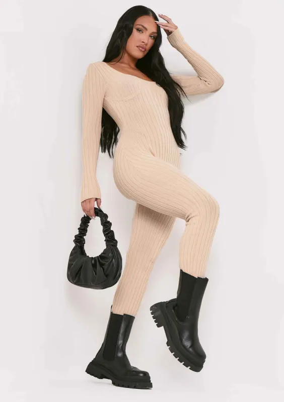 Evie Beige Knitted Long Sleeve Ribbed Jumpsuit sold by Missy Empire