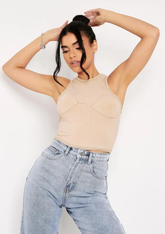 Marni Beige Contrast Stitch Cupped Racer Ribbed Crop Top sold by Missy Empire