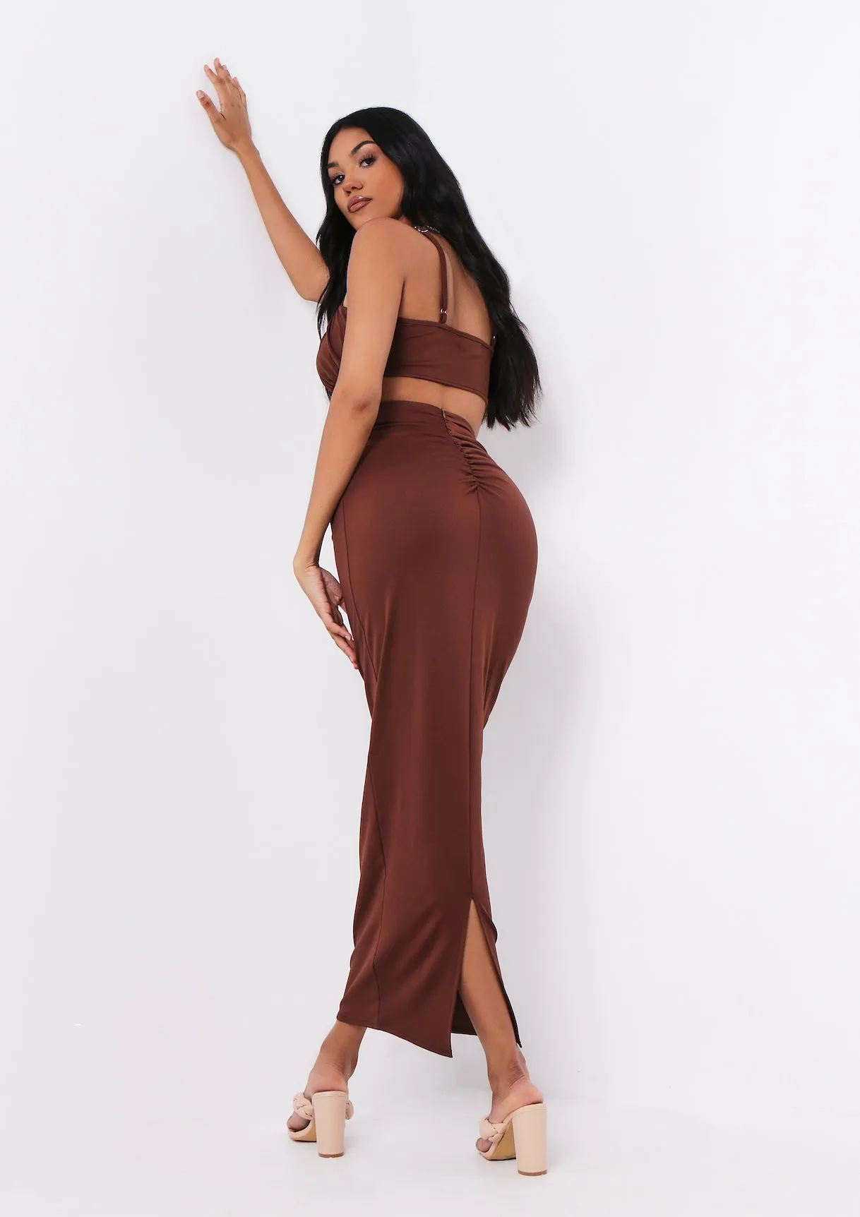 Shahena Chocolate Ruched Strappy Bralet Crop Top sold by Missy Empire product image thumbnail 3