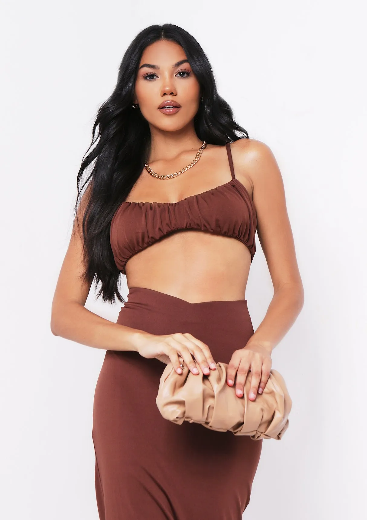 Shahena Chocolate Ruched Strappy Bralet Crop Top sold by Missy Empire