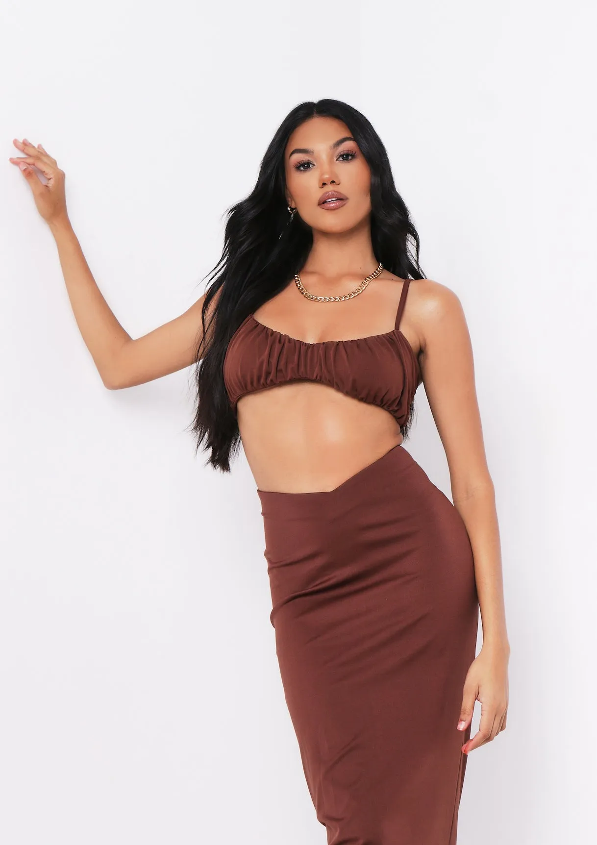 Shahena Chocolate Ruched Strappy Bralet Crop Top sold by Missy Empire product image thumbnail 2