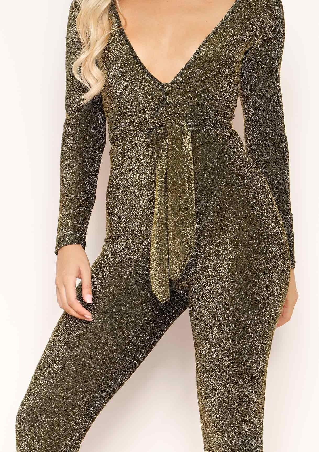 Georgina Gold Glitter Tie Front Jumpsuit sold by Missy Empire product image thumbnail 4