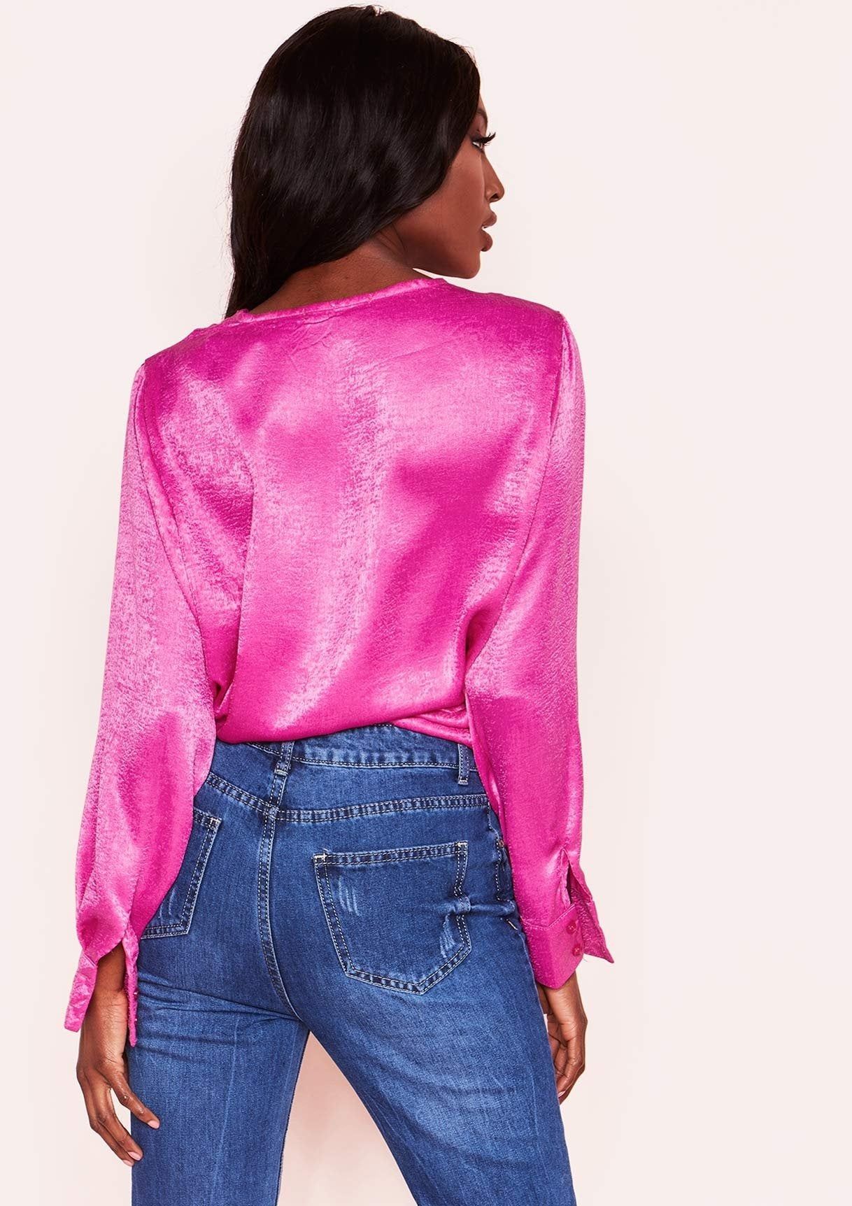 Yula Hot Pink Satin Feel Wrap Top sold by Missy Empire product image thumbnail 2