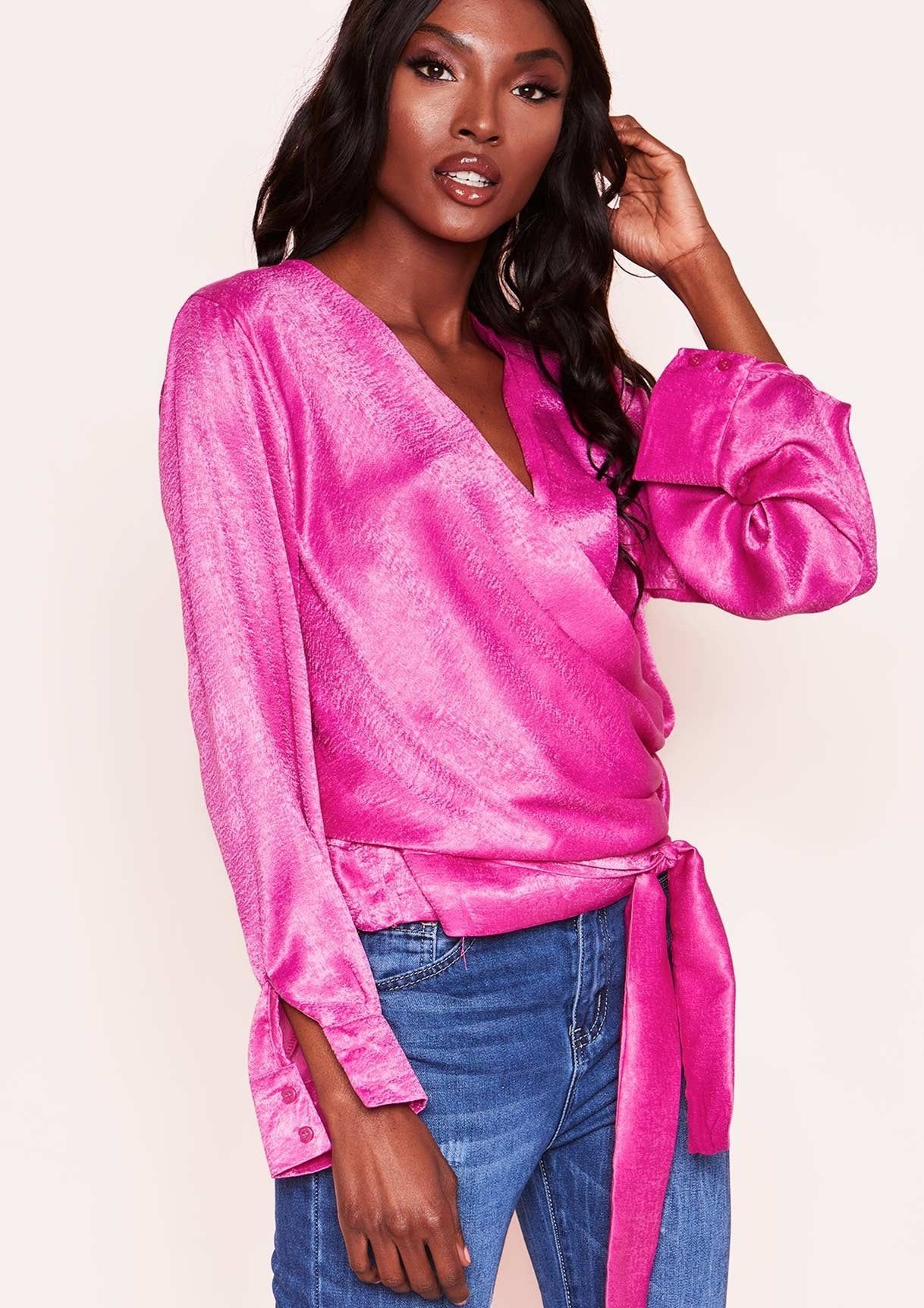 Yula Hot Pink Satin Feel Wrap Top sold by Missy Empire product image thumbnail 4