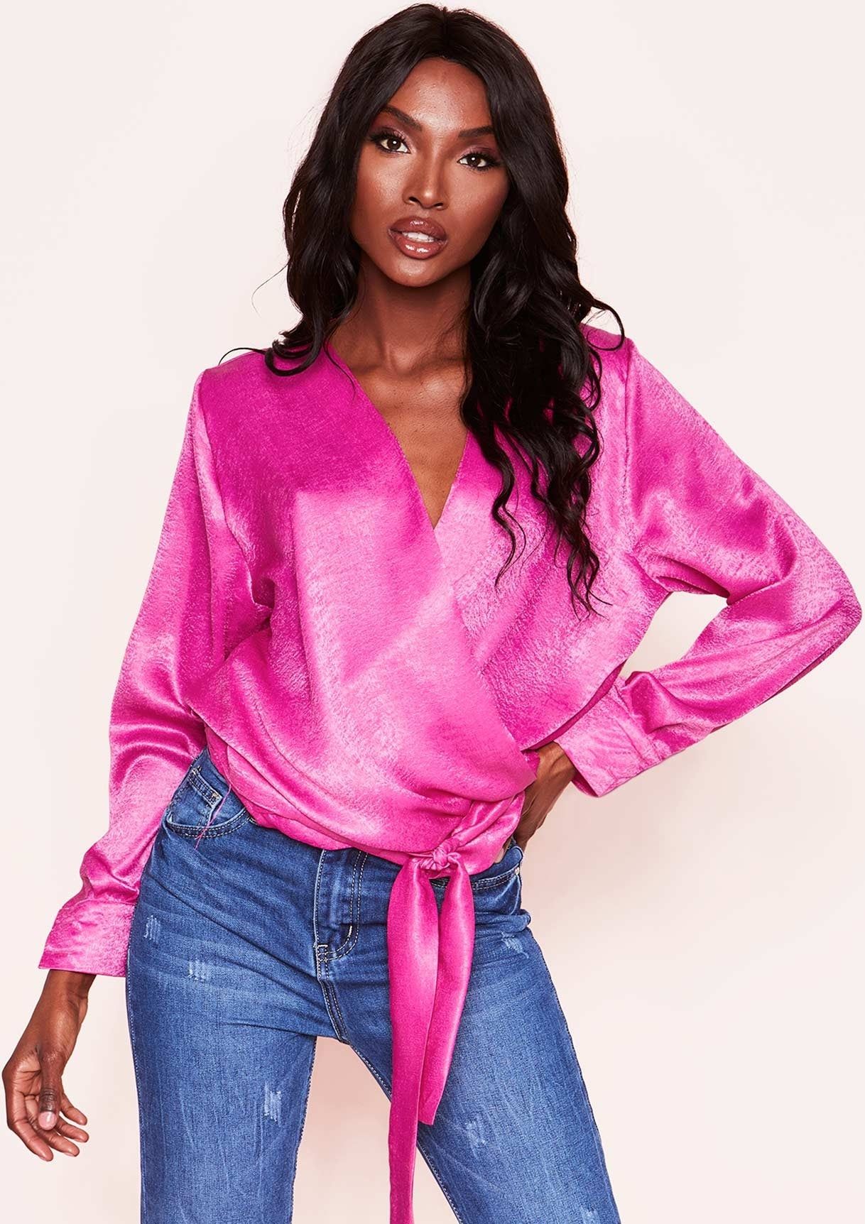 Yula Hot Pink Satin Feel Wrap Top sold by Missy Empire