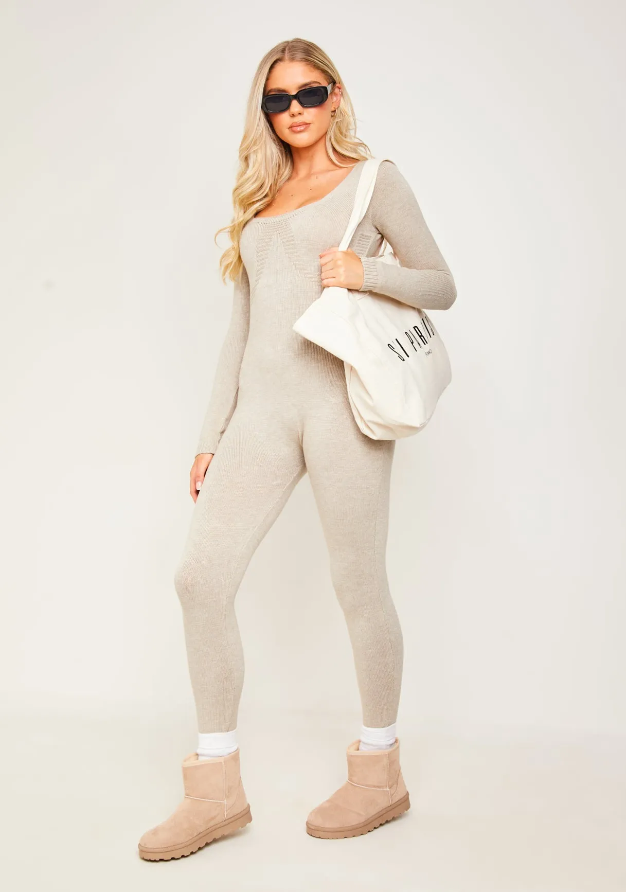 Savannah Oatmeal Knitted Long Sleeve Jumpsuit sold by Missy Empire product image thumbnail 2