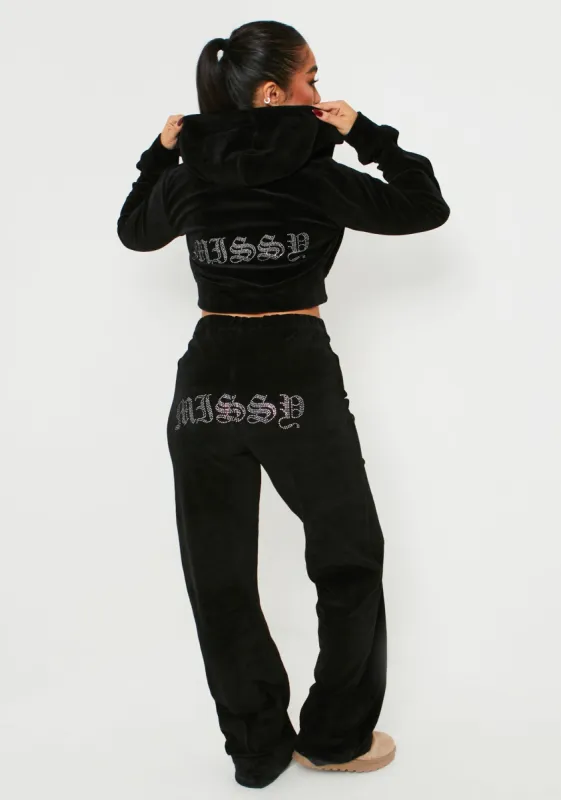 Mollie Black Velour Missy Gem Embellished Tracksuit Bottoms made by Missy Empire