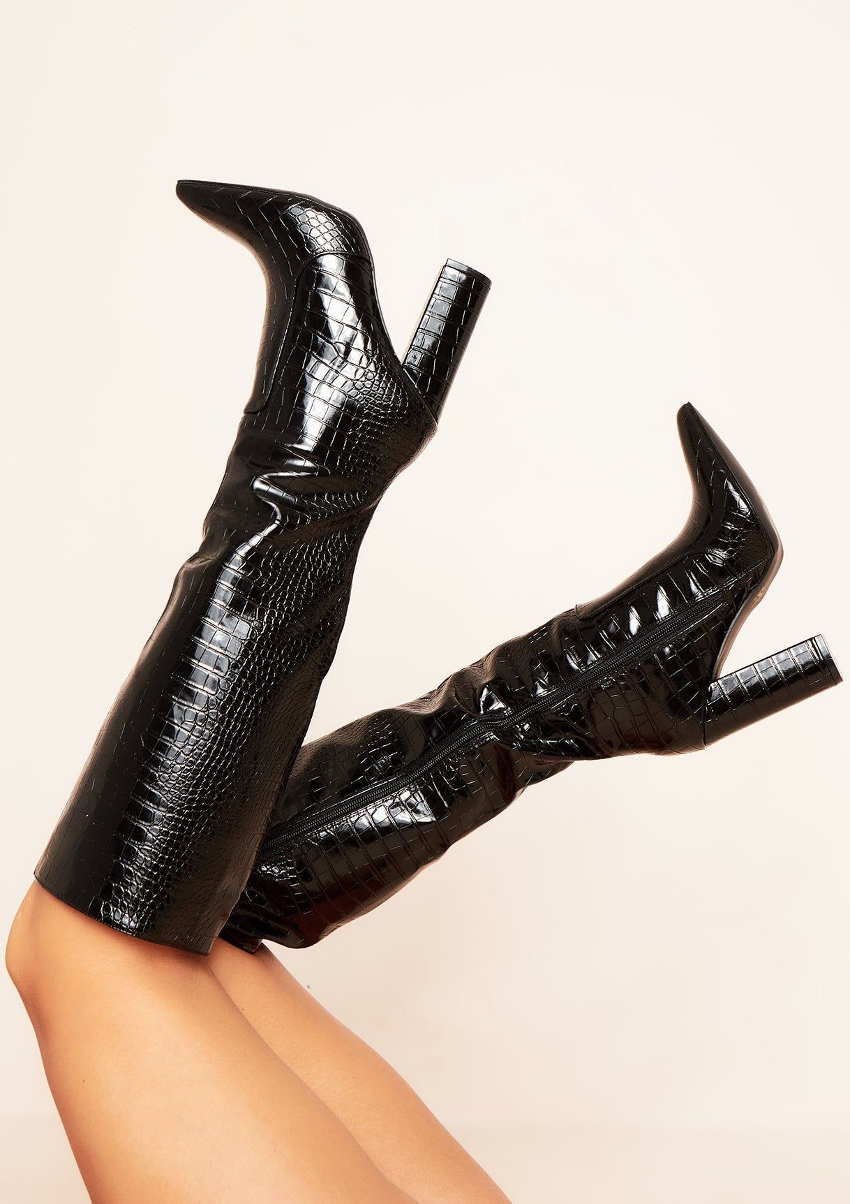 Millie Black Knee High Croc Heeled Boots sold by Missy Empire product image thumbnail 2