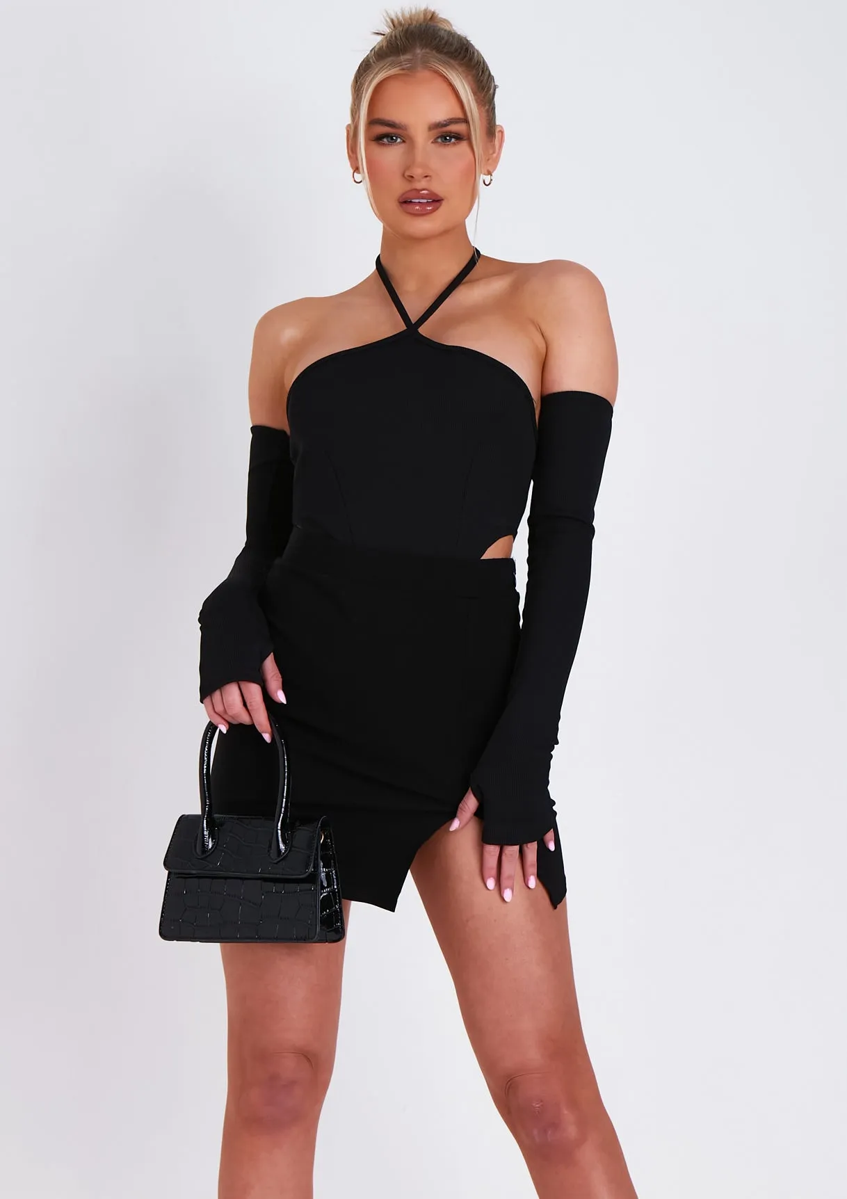 Chelsey Black High Waisted Mini Skirt With Split sold by Missy Empire product image thumbnail 4