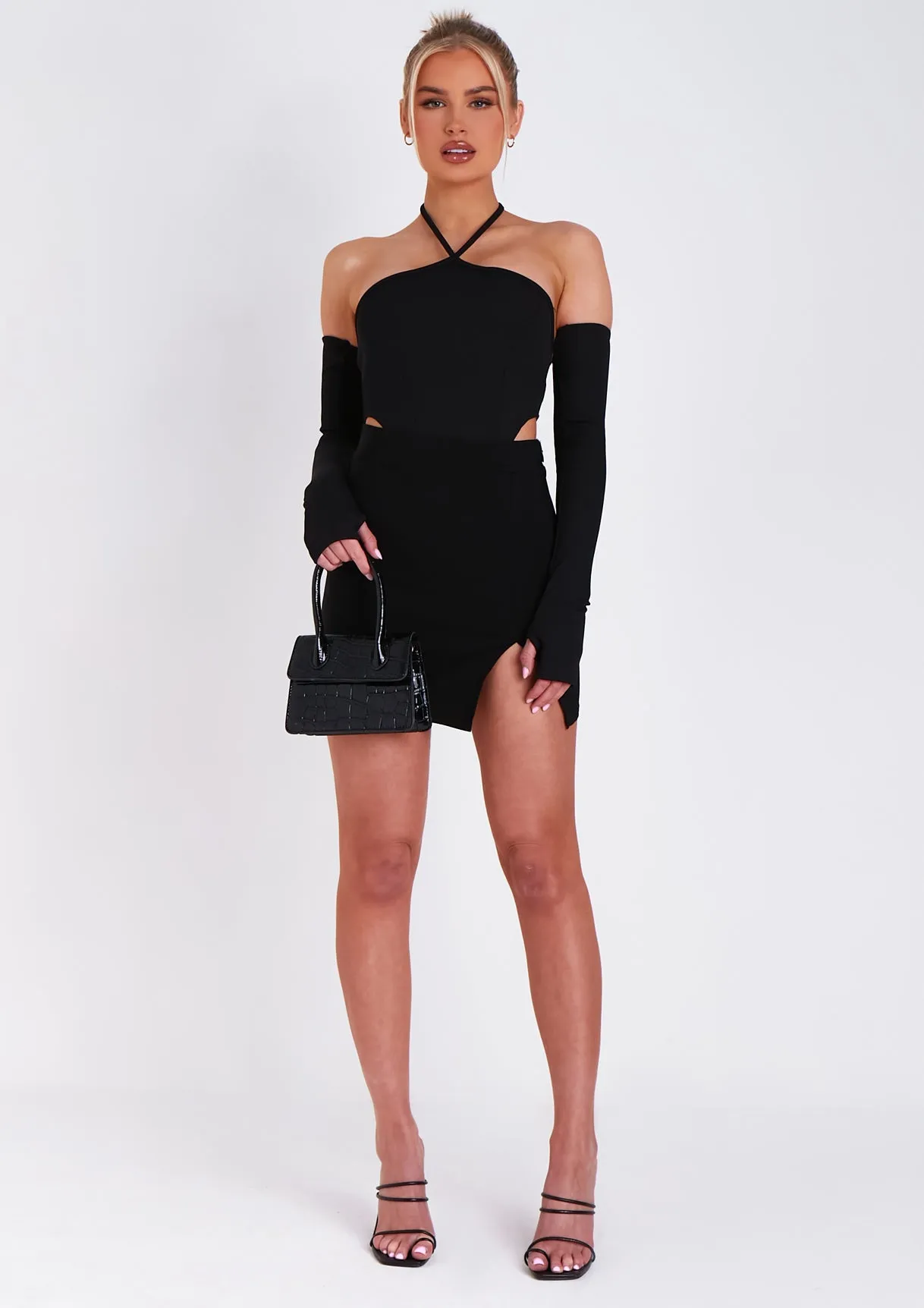 Chelsey Black High Waisted Mini Skirt With Split sold by Missy Empire