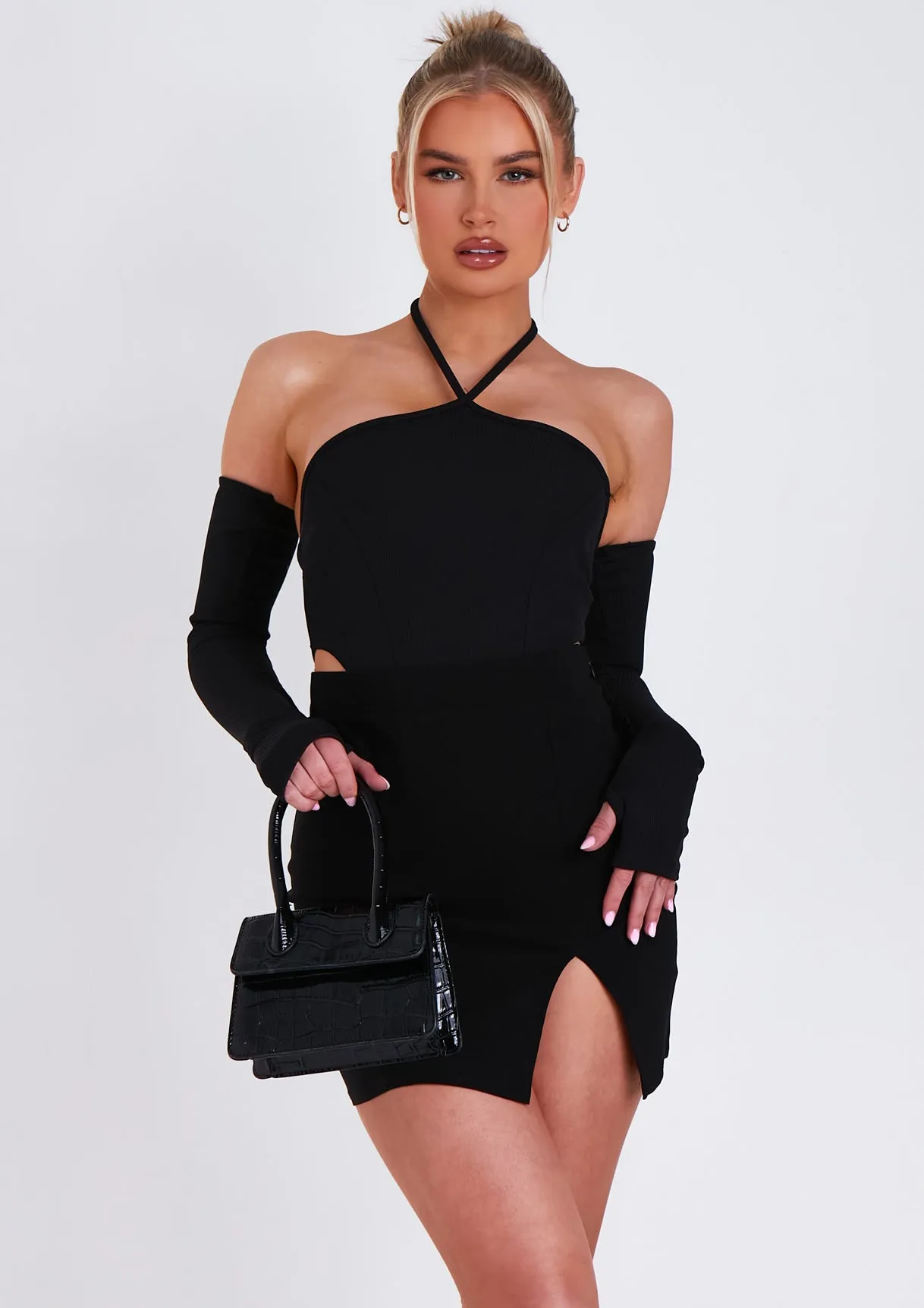 Chelsey Black High Waisted Mini Skirt With Split sold by Missy Empire product image thumbnail 5